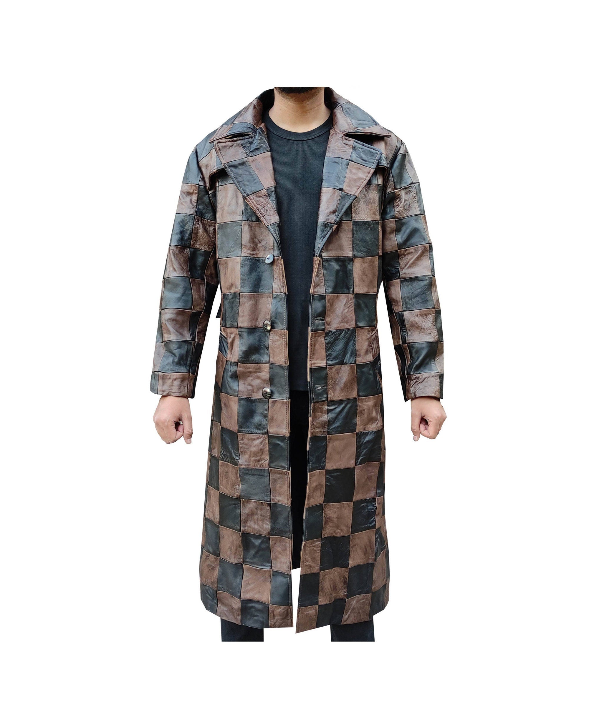 Handmade Leather Men Chase Pattern Trench Coat