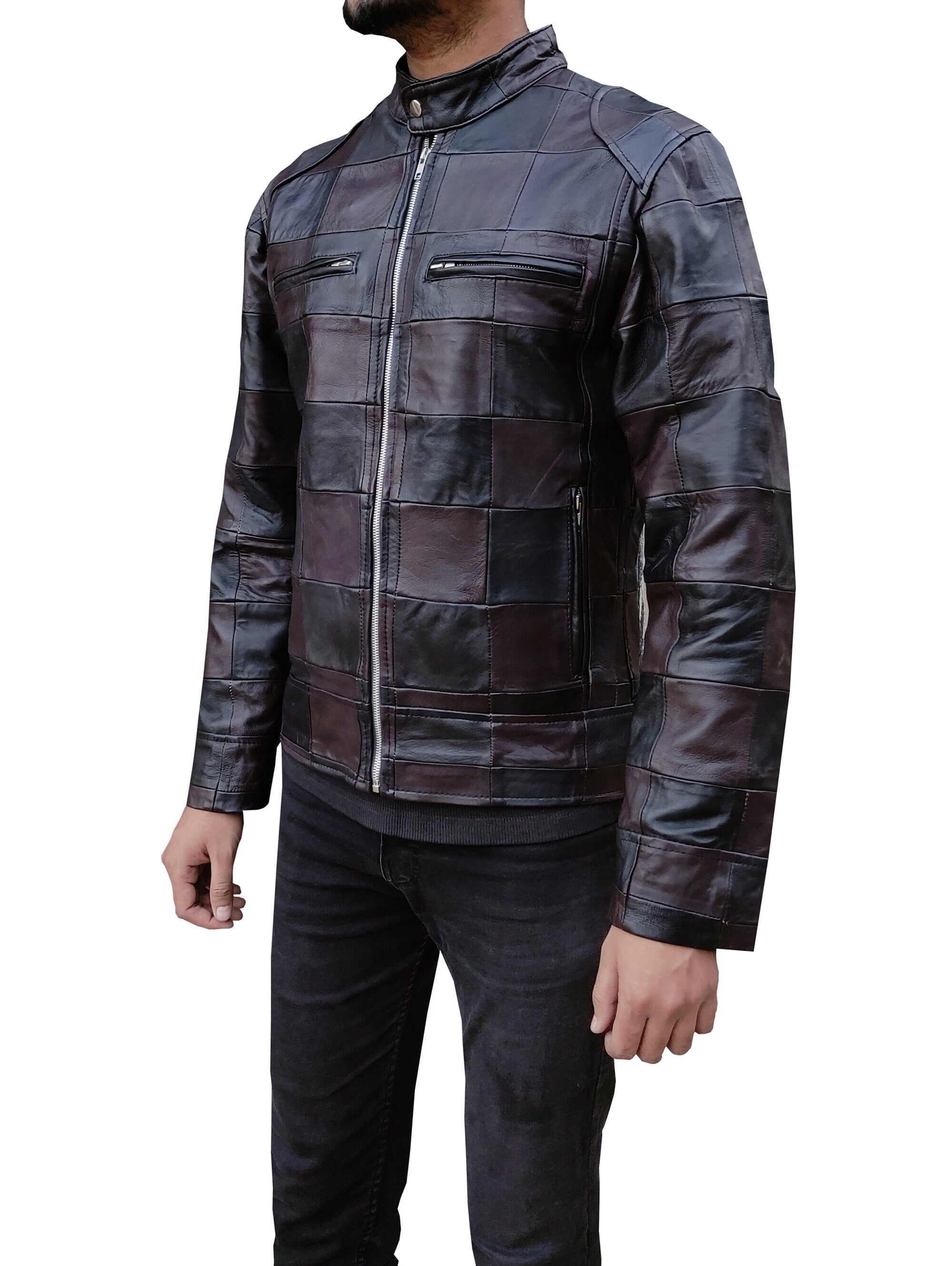 Handmade Leather Men Chase Pattern Biker Jacket