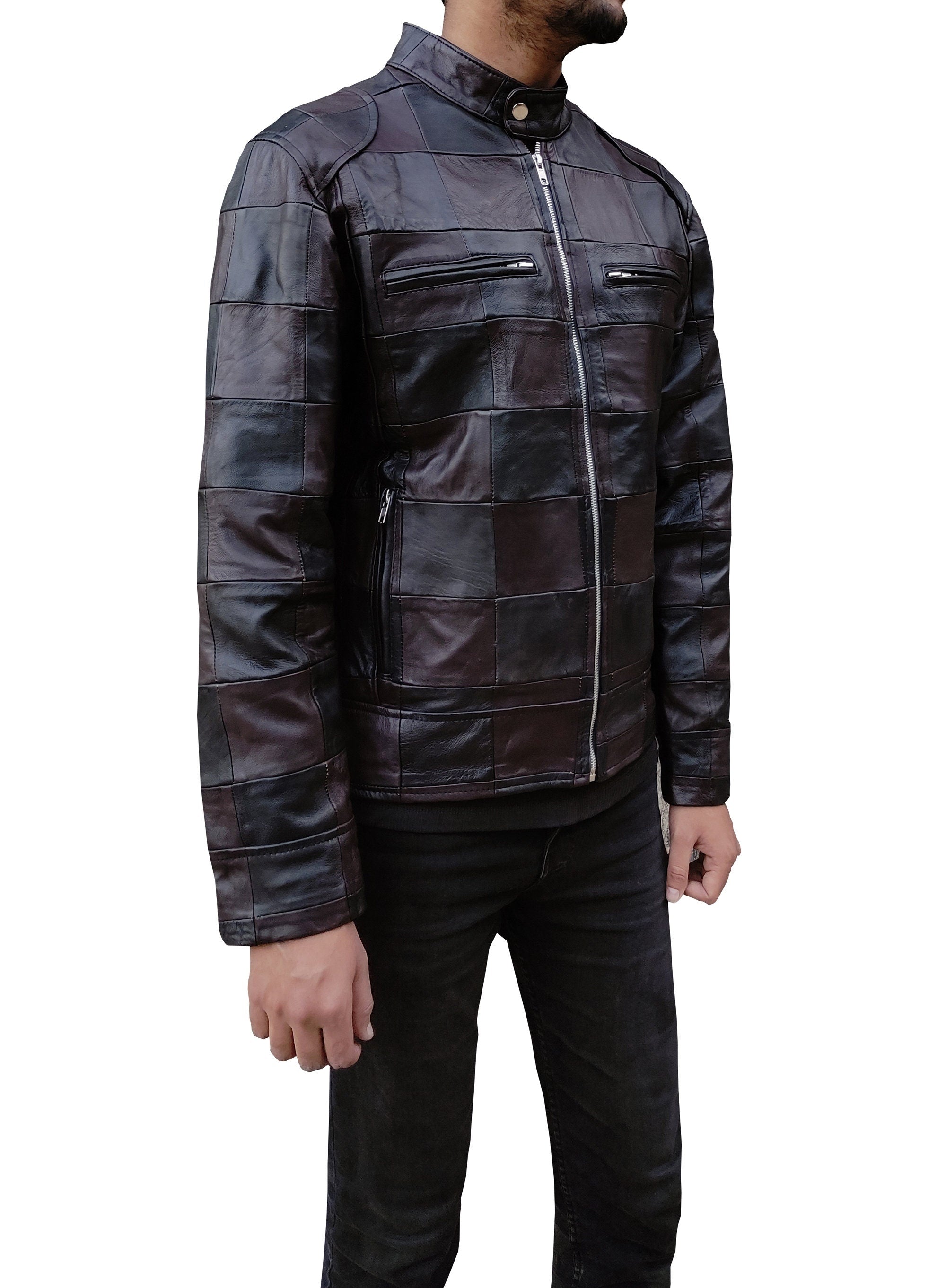Handmade Leather Men Chase Pattern Biker Jacket