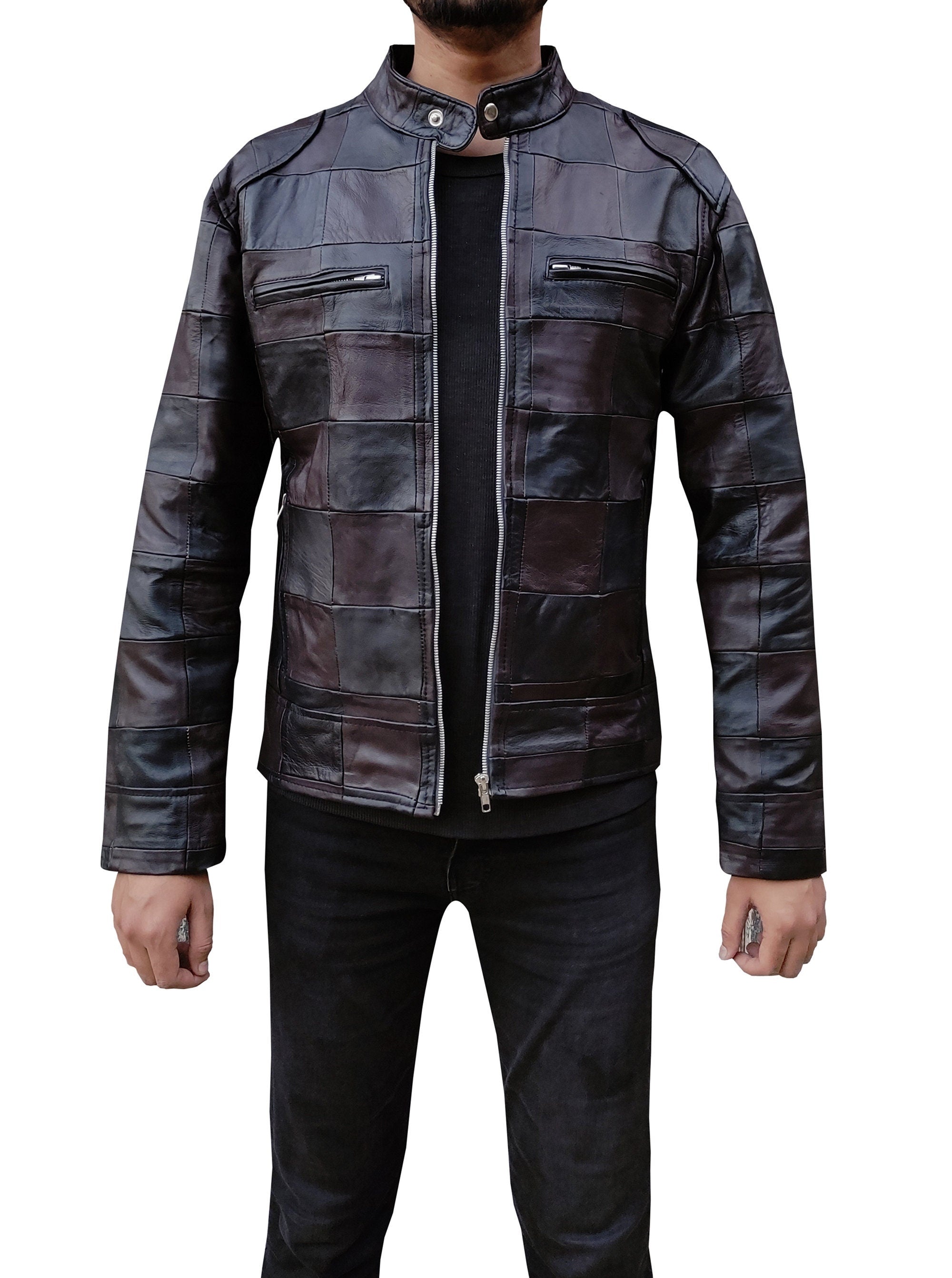 Handmade Leather Men Chase Pattern Biker Jacket