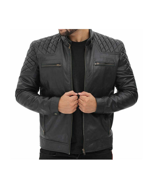 Men Genuine Black Biker Quilted Leather Jacket