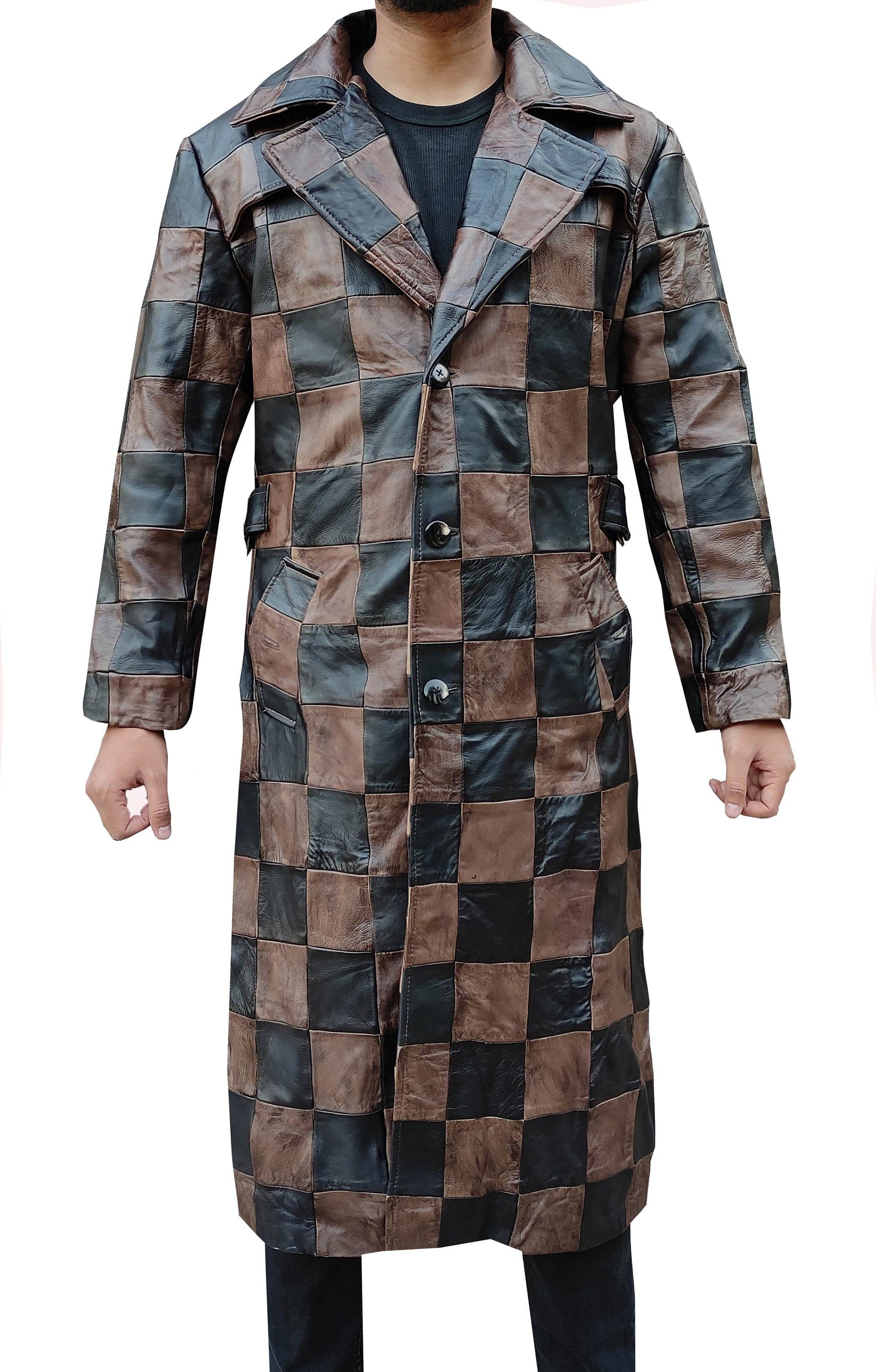 Handmade Leather Men Chase Pattern Trench Coat