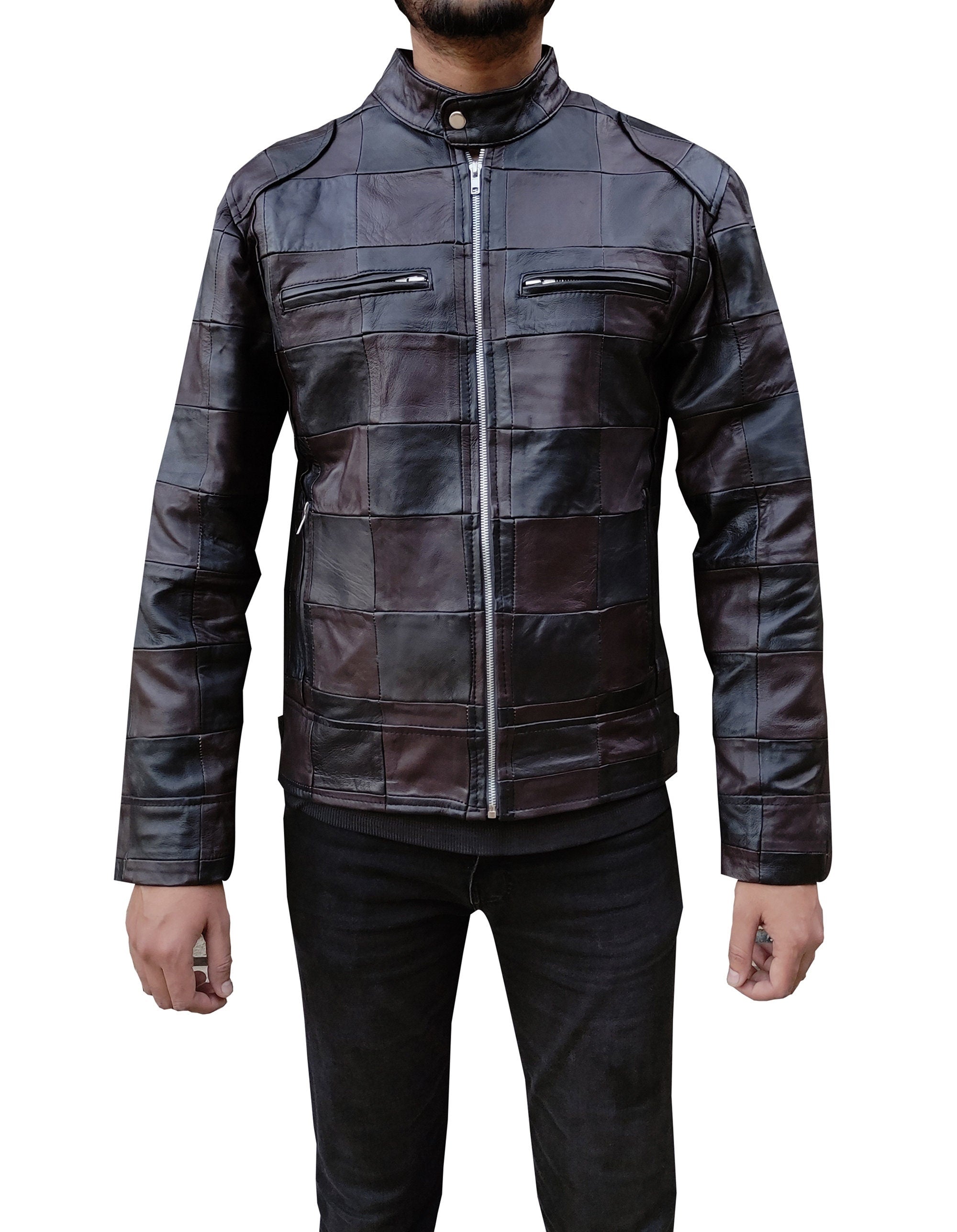 Handmade Leather Men Chase Pattern Biker Jacket