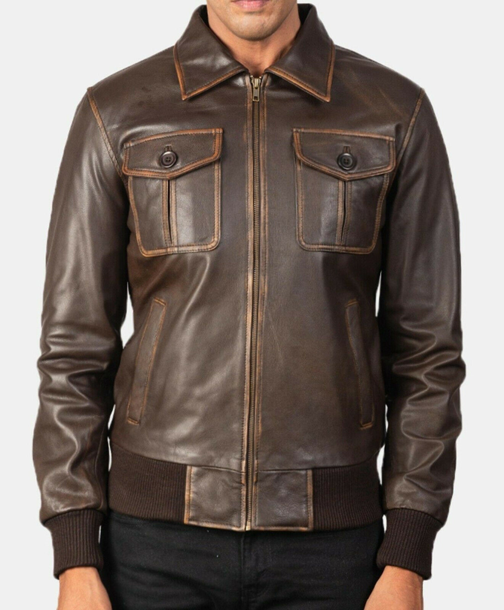 Mens Brown Rub Off  Leather Jacket