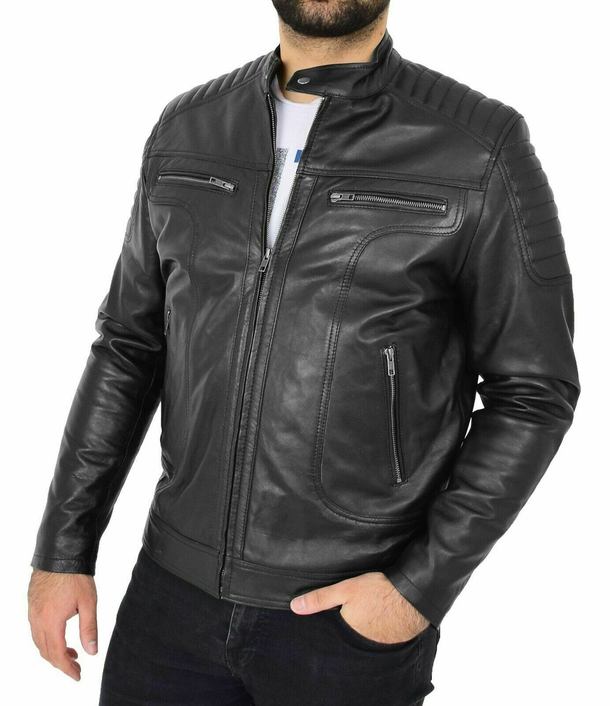 Mens Black Biker Leather Jacket