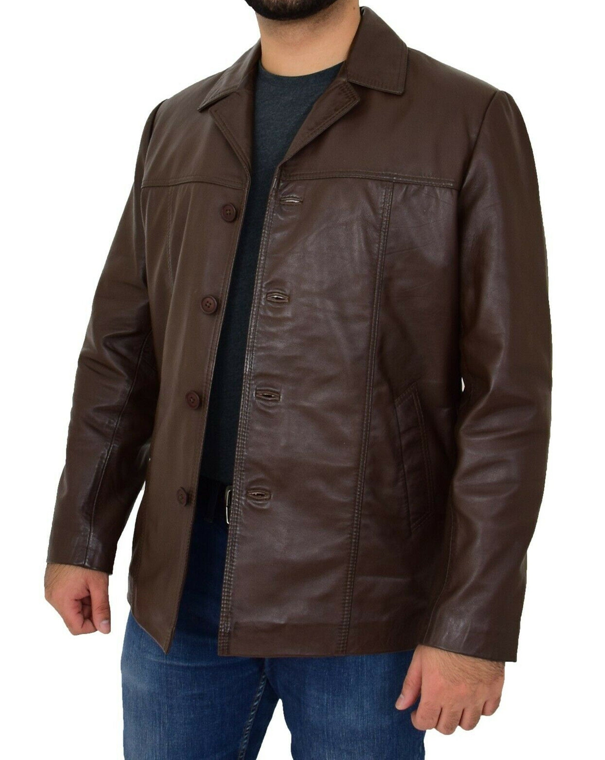 Brown Leather Long Coat for Men