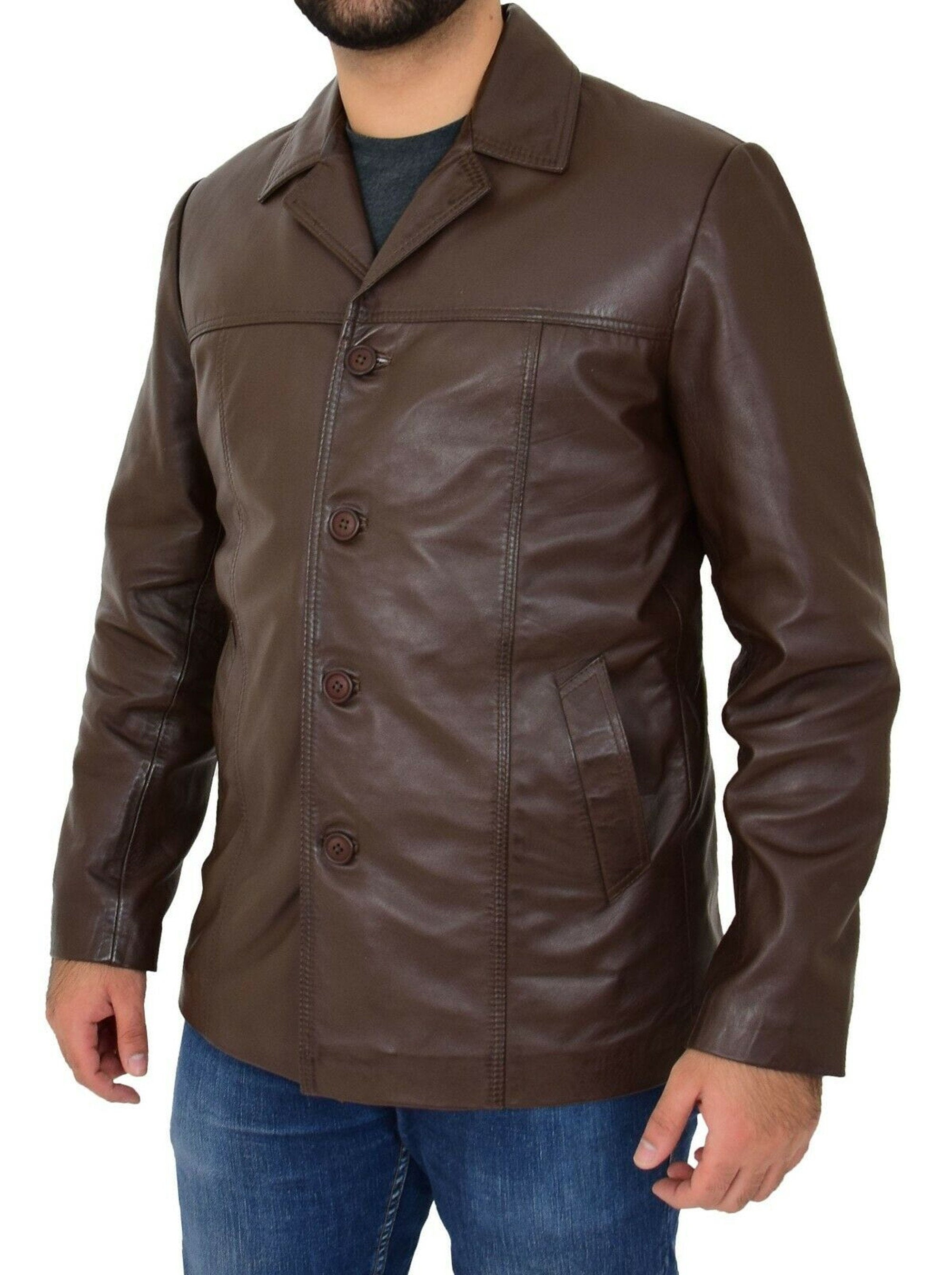 Brown Leather Long Coat for Men