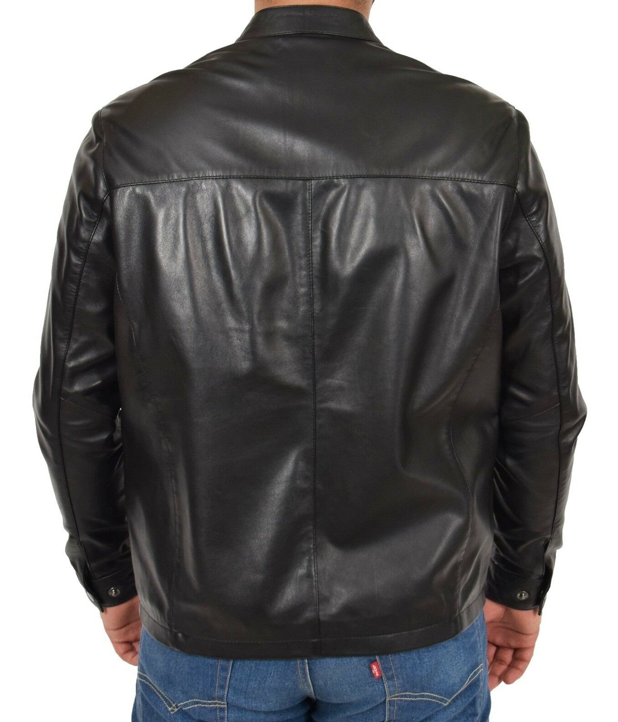 Mens Leather Jacket Band Collar With Zipper Closure