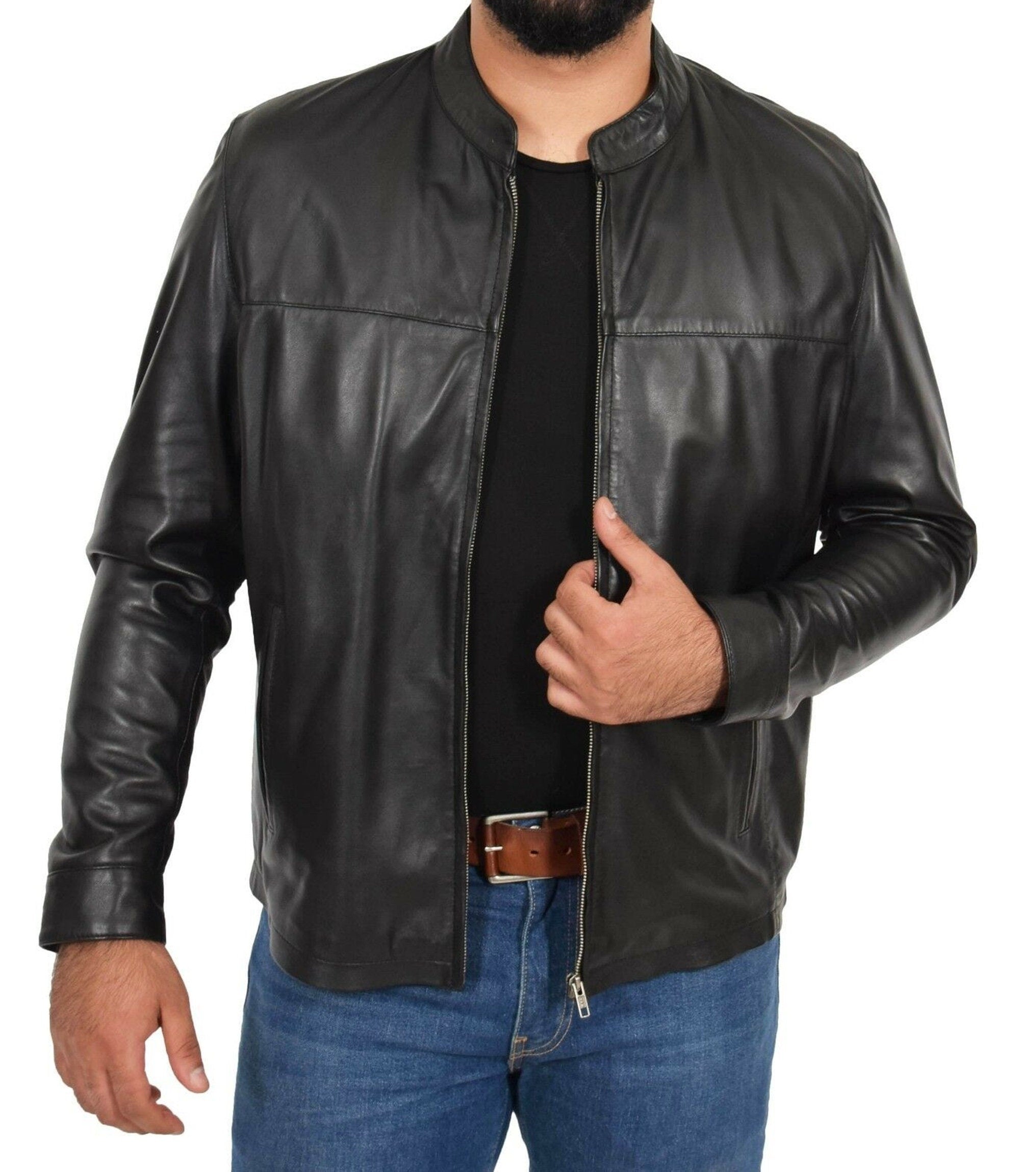 Mens Leather Jacket Band Collar With Zipper Closure