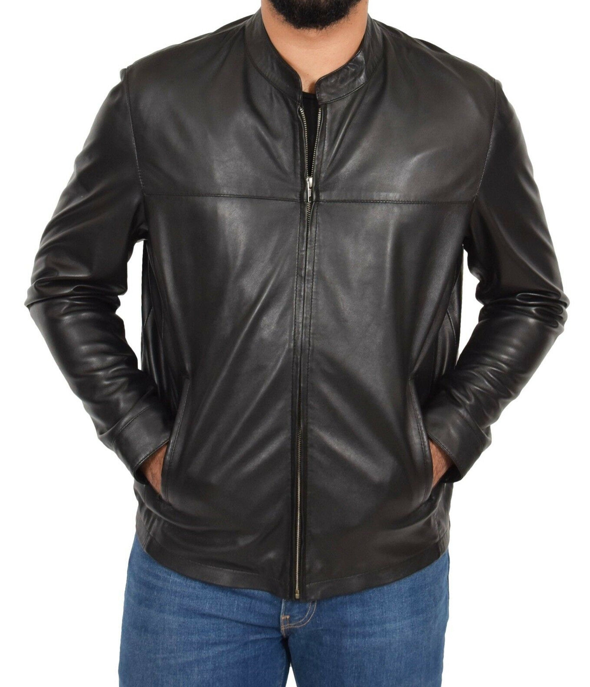 Mens Leather Jacket Band Collar With Zipper Closure