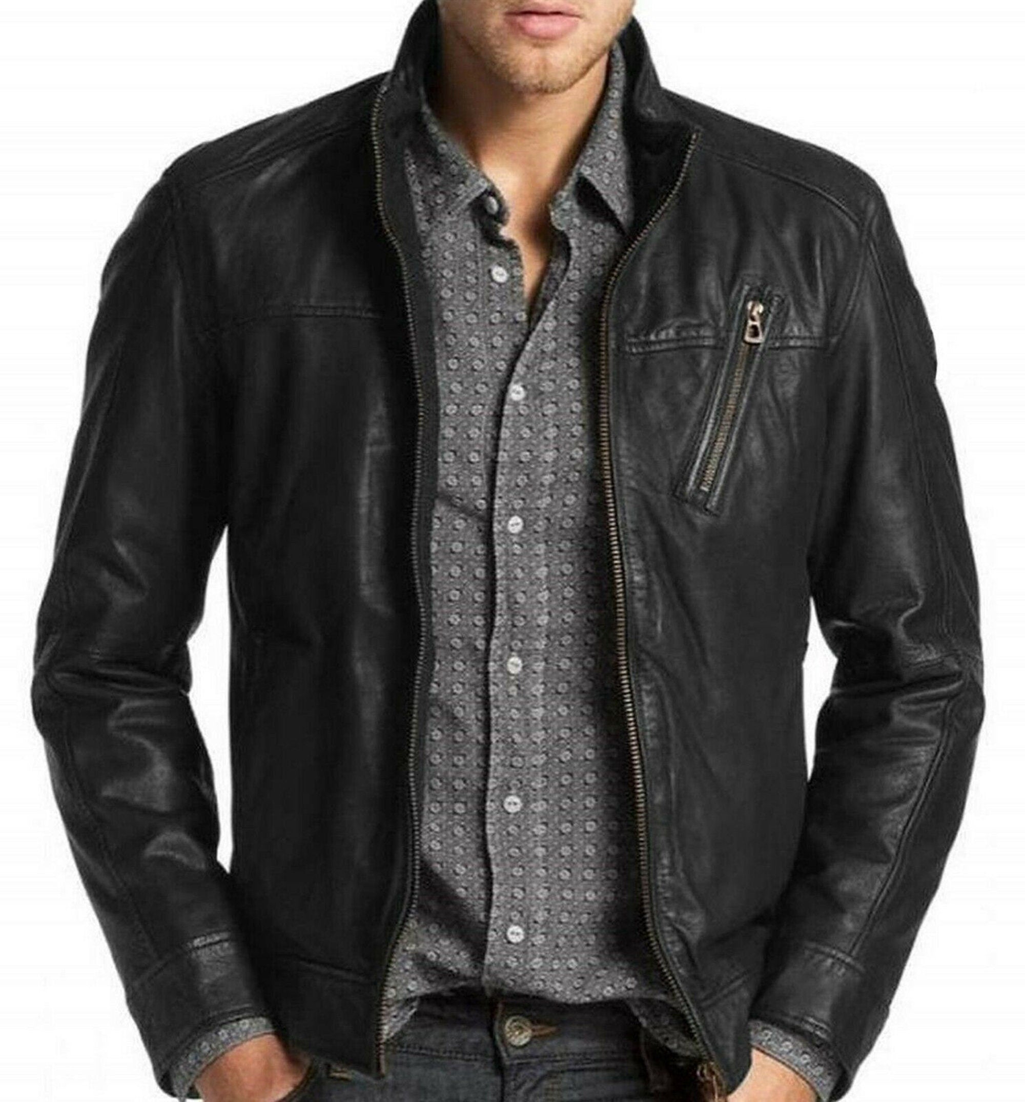 Mens Genuine Black Biker Leather Jacket