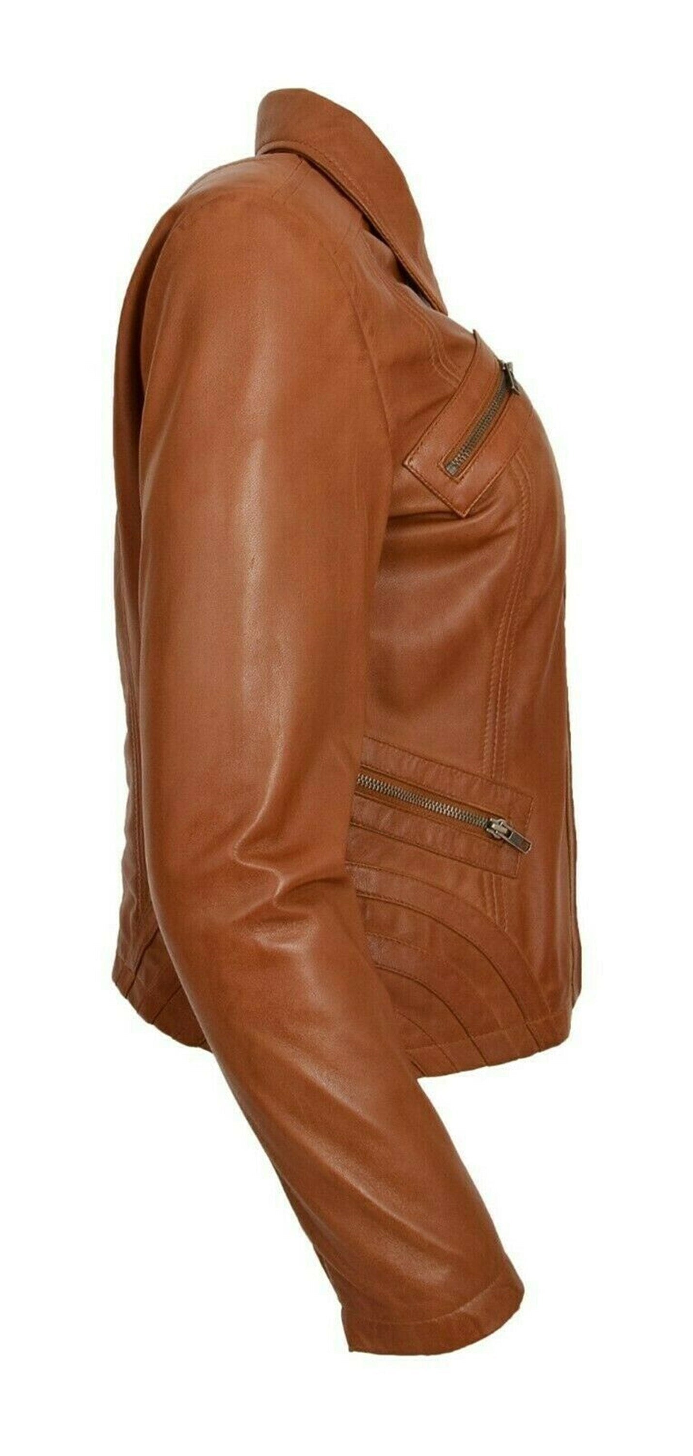 Women Tan Distressed Leather Jacket
