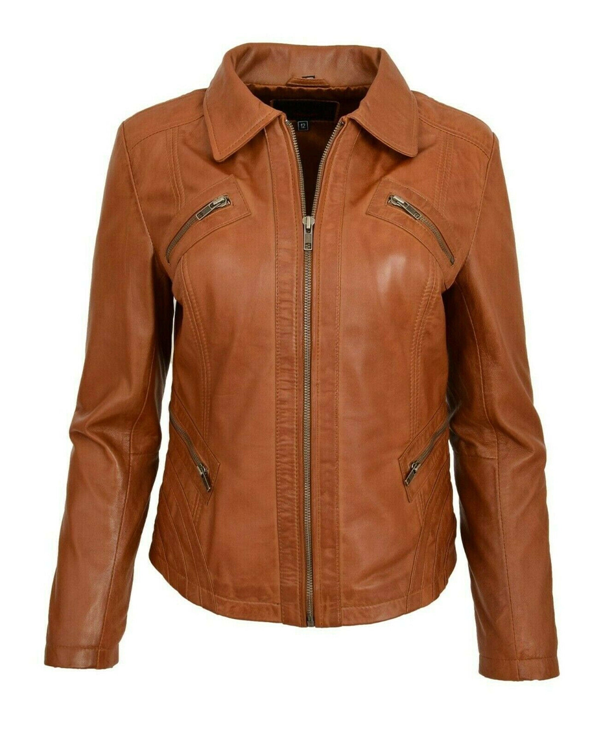 Women Tan Distressed Leather Jacket