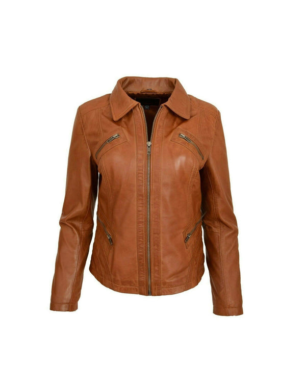 Women Tan Distressed Leather Jacket