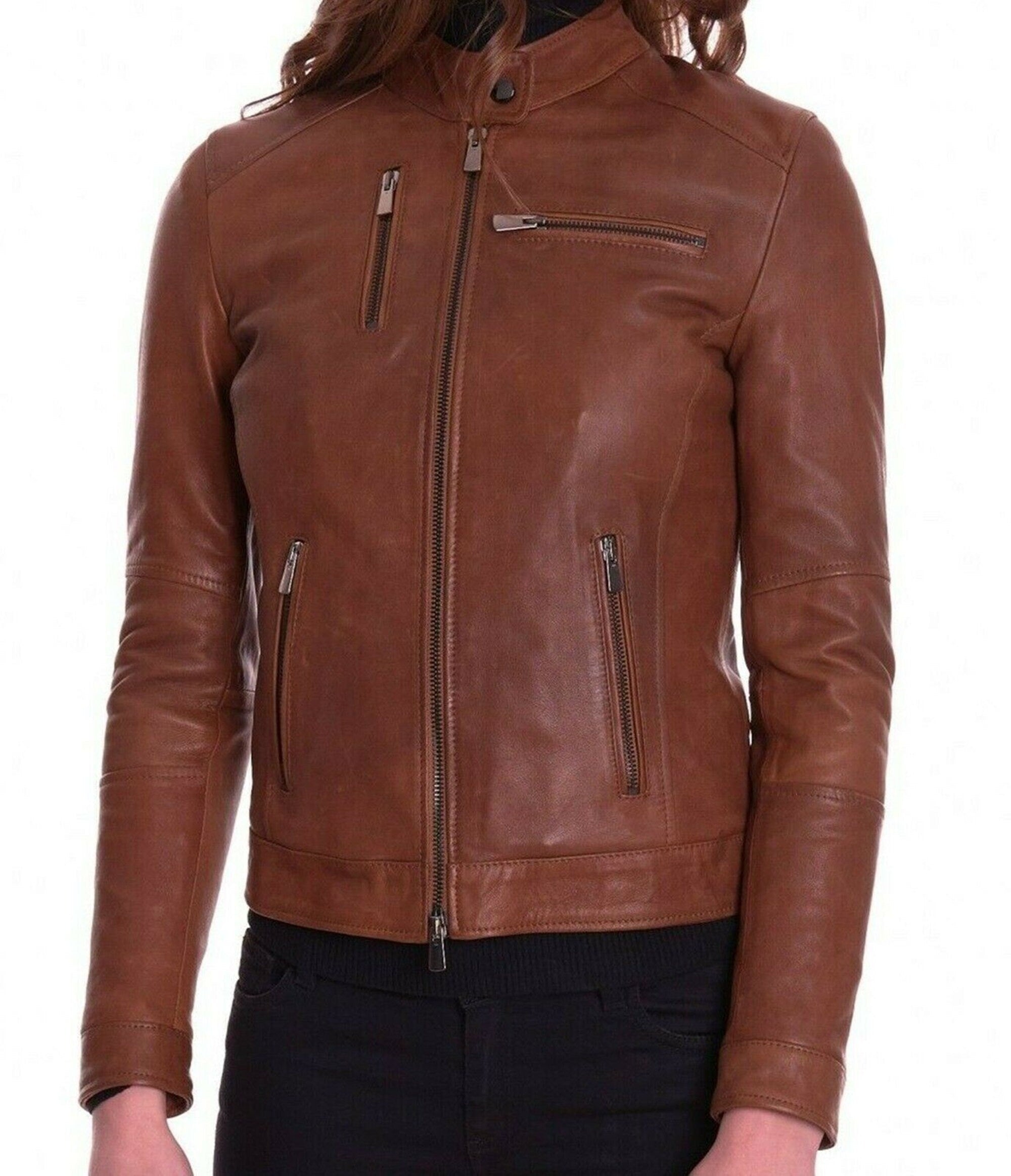 Women Tan Brown Real Leather Jacket