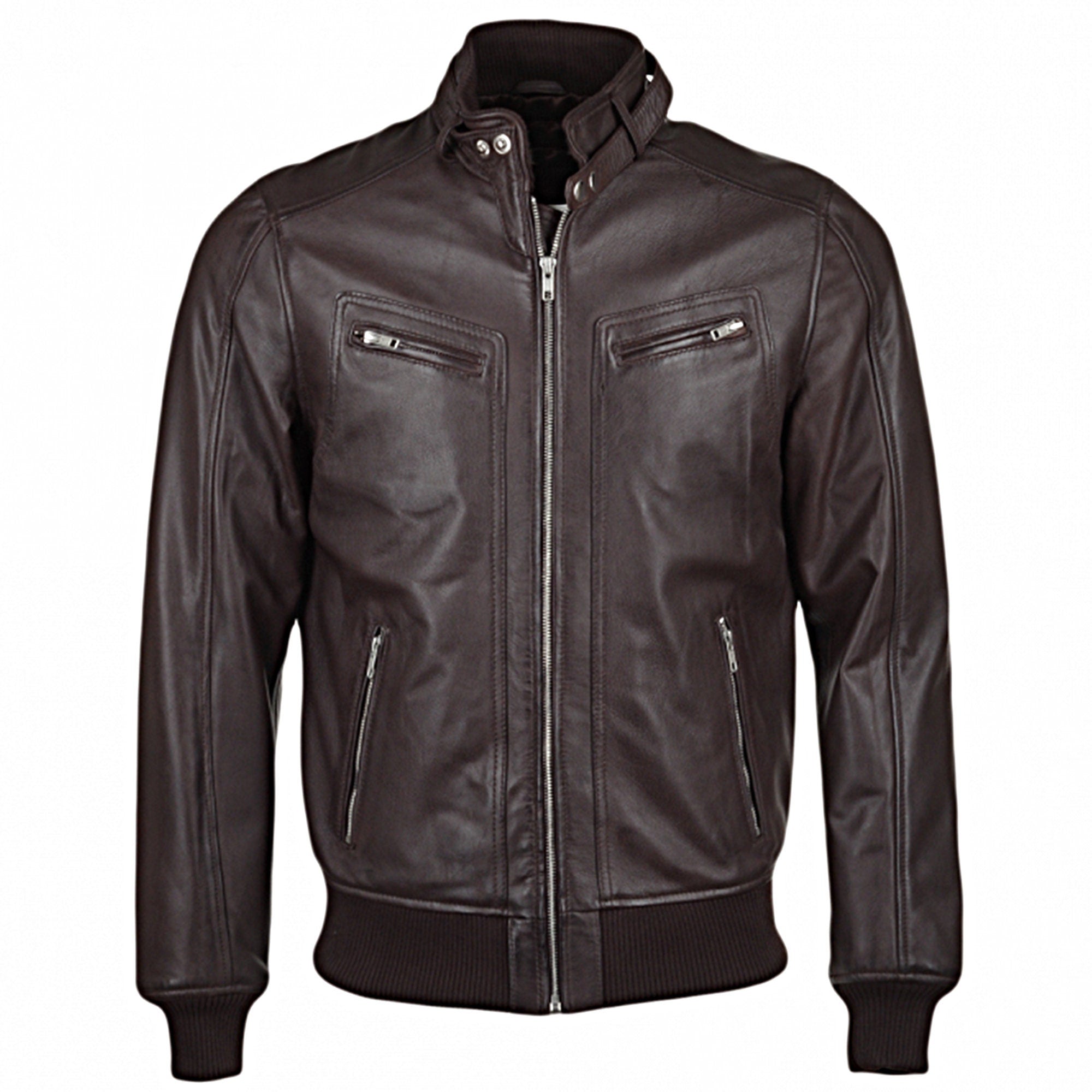 Men's Brown Genuine Leather Bomber Rib Jacket