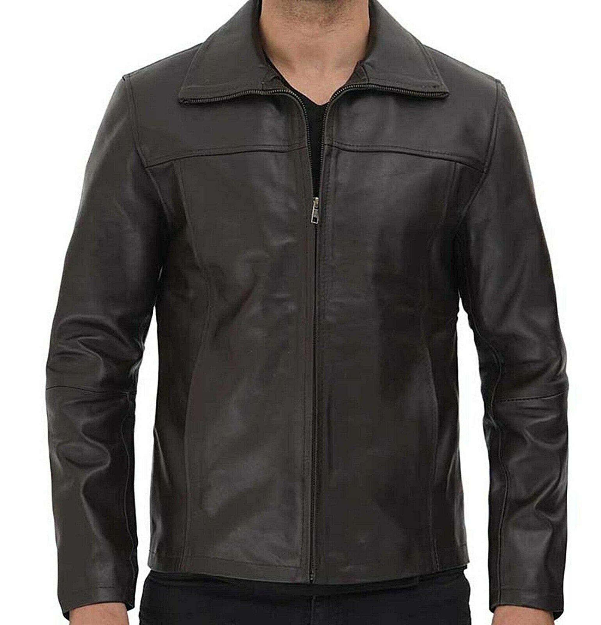 Black Polyester Lining Leather Jacket For Men