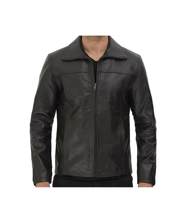 Black Polyester Lining Leather Jacket For Men