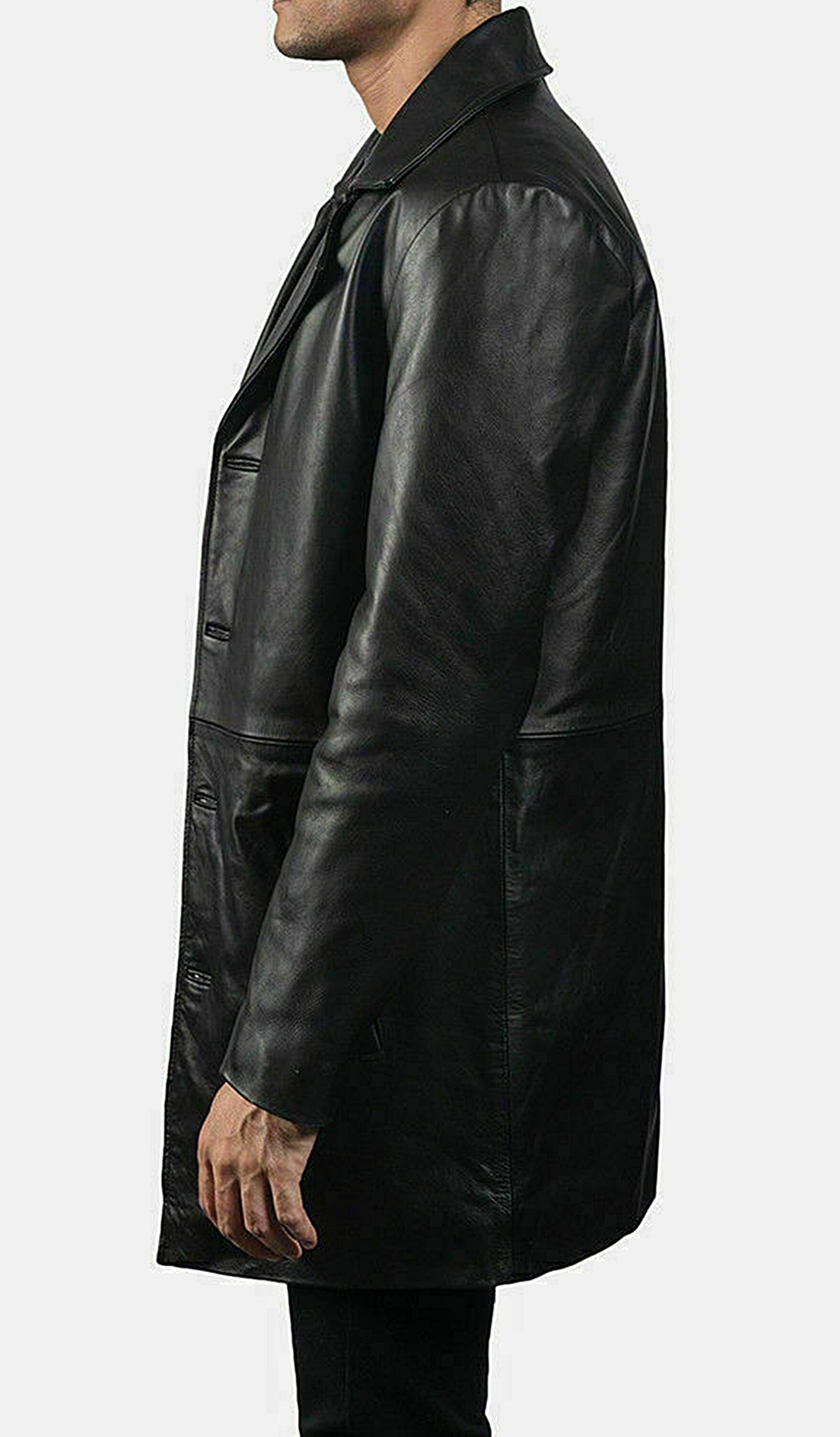 Handmade Black Leather Trench Men's Winter Coat