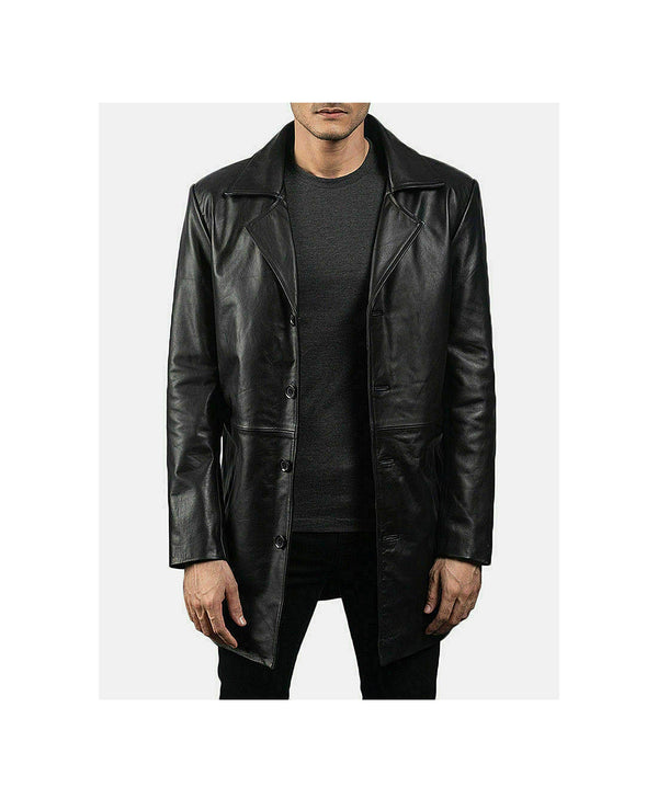 Handmade Black Leather Trench Men's Winter Coat