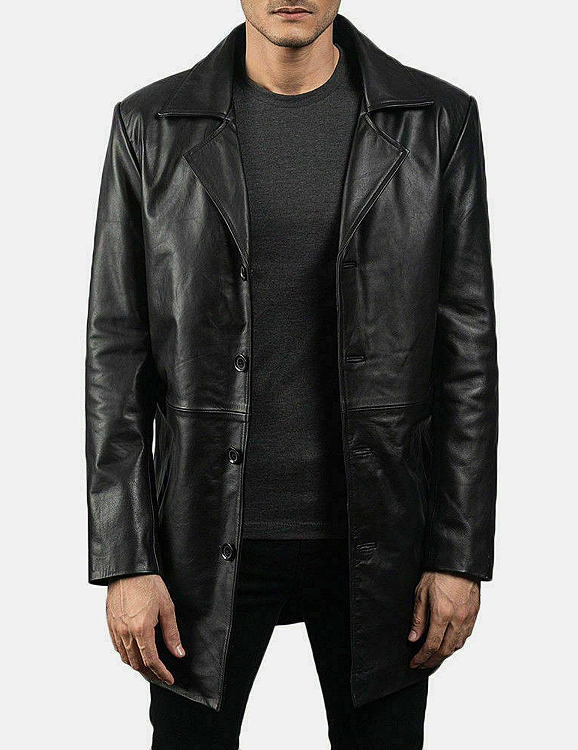 Handmade Black Leather Trench Men's Winter Coat