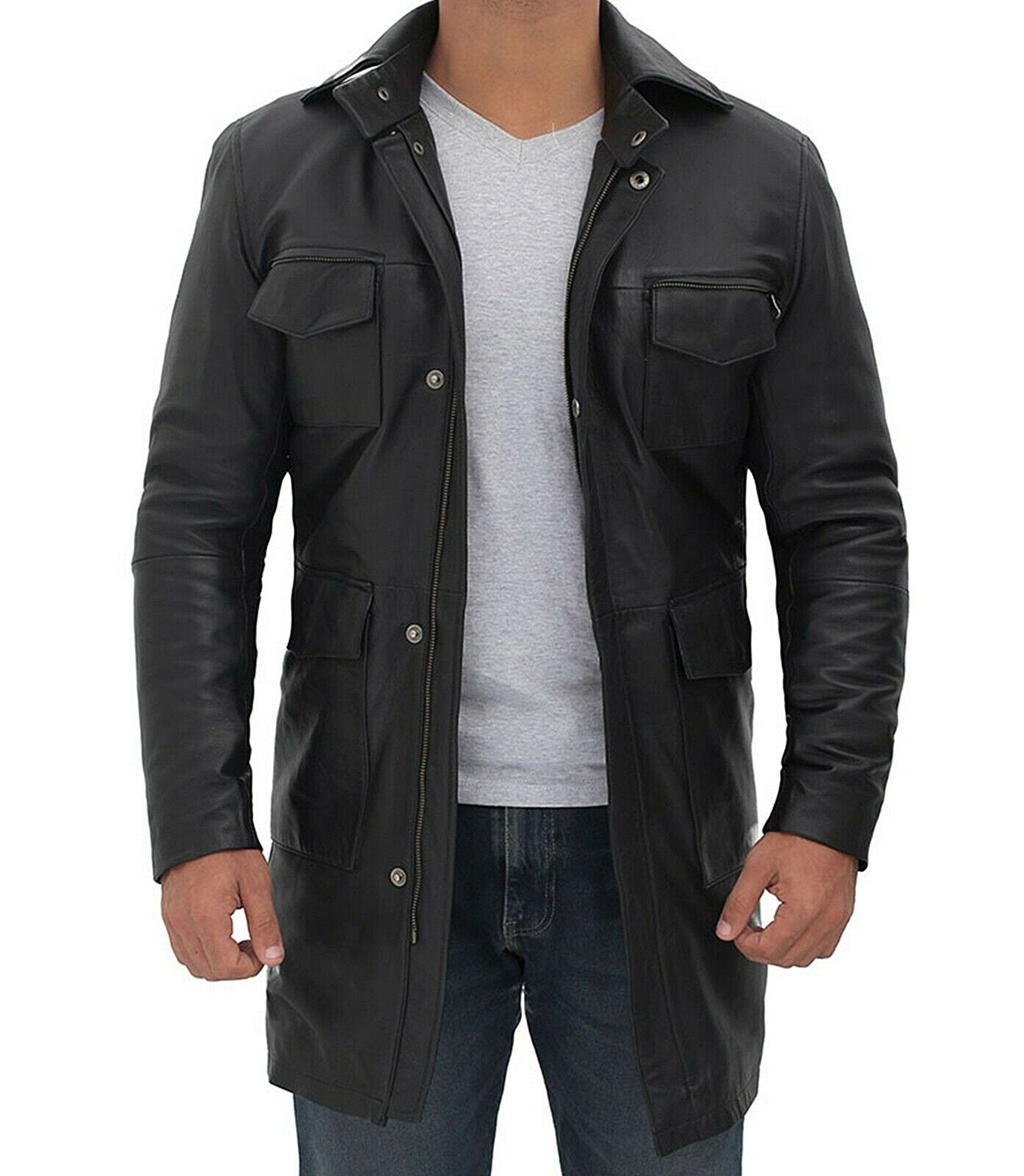 Men's Three Quarter Black Leather Coat