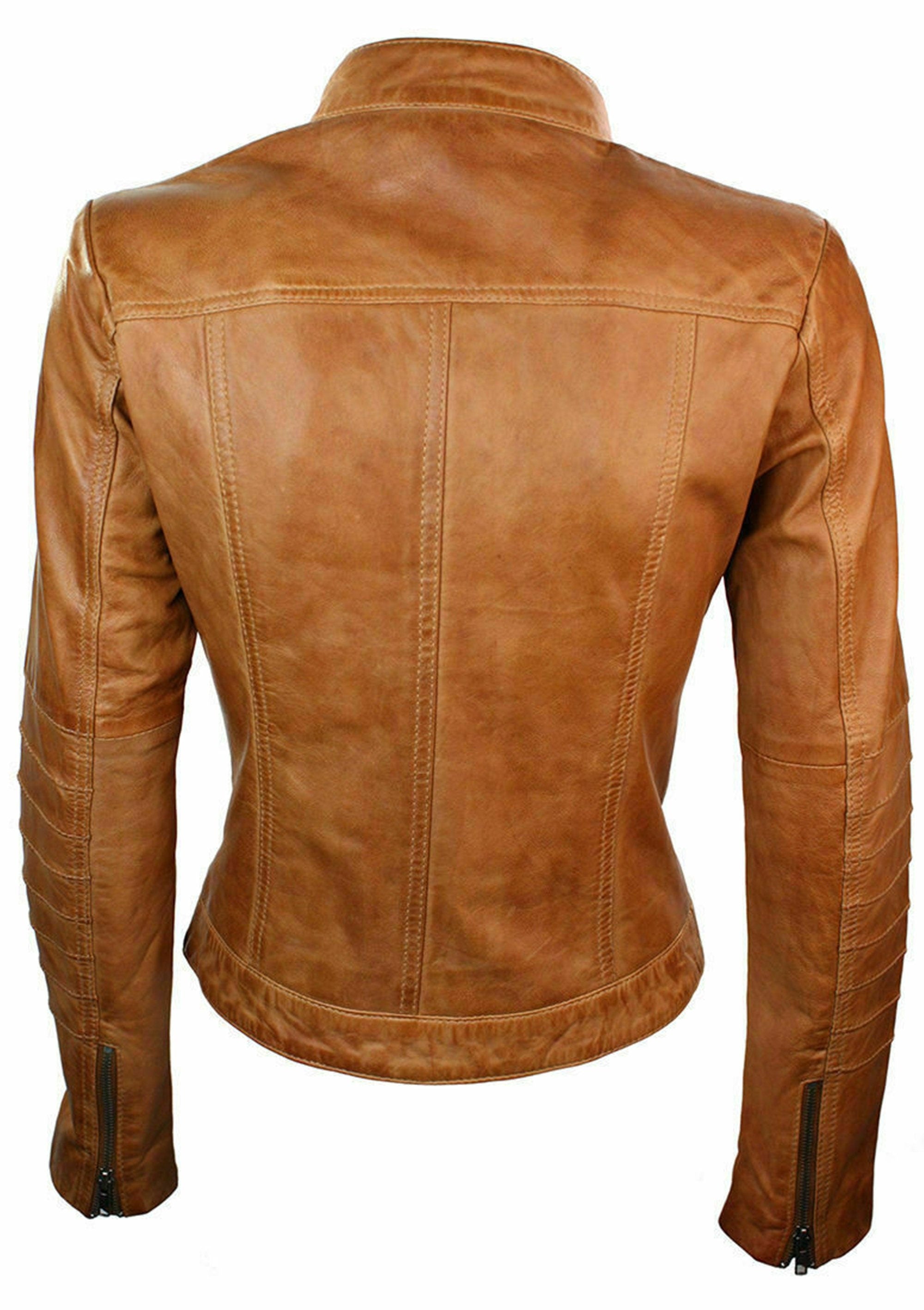 Women Biker Jacket Tan Motorcycle  Leather Jacket