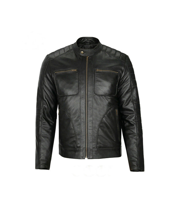 Mens  Cafe Racer  Black Slim Fit Biker Jacket