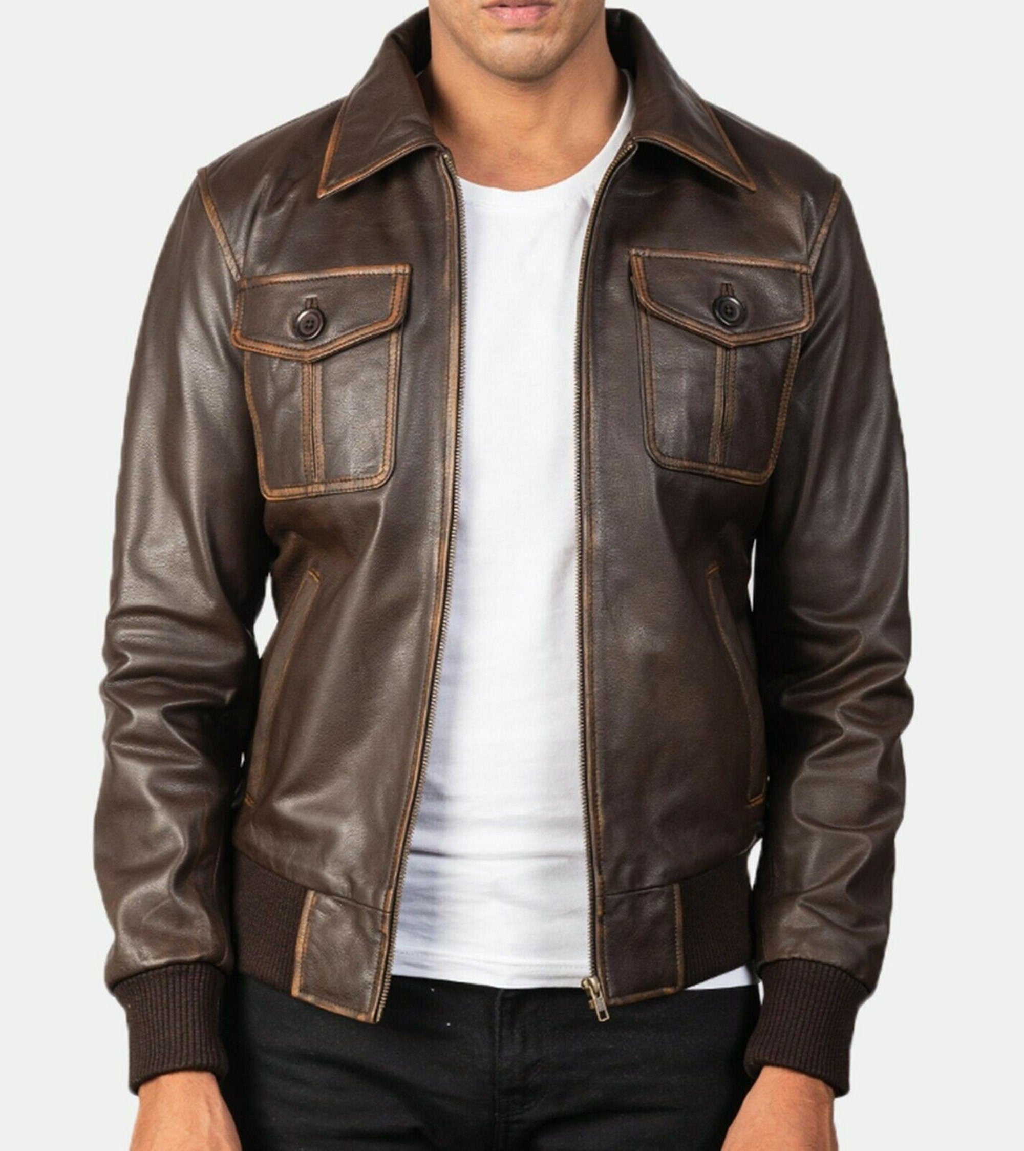 Mens Brown Rub Off  Leather Jacket