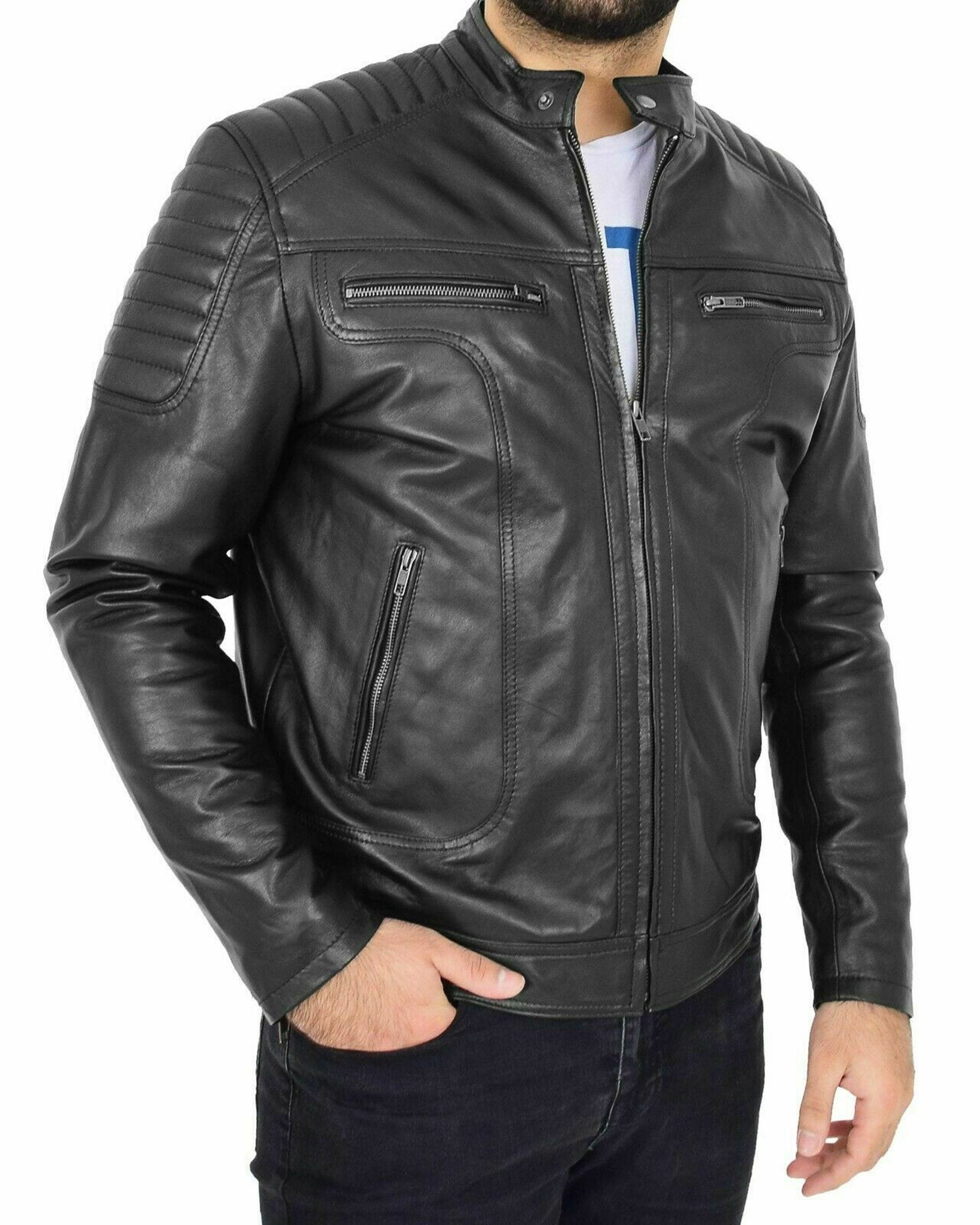 Mens Black Biker Leather Jacket