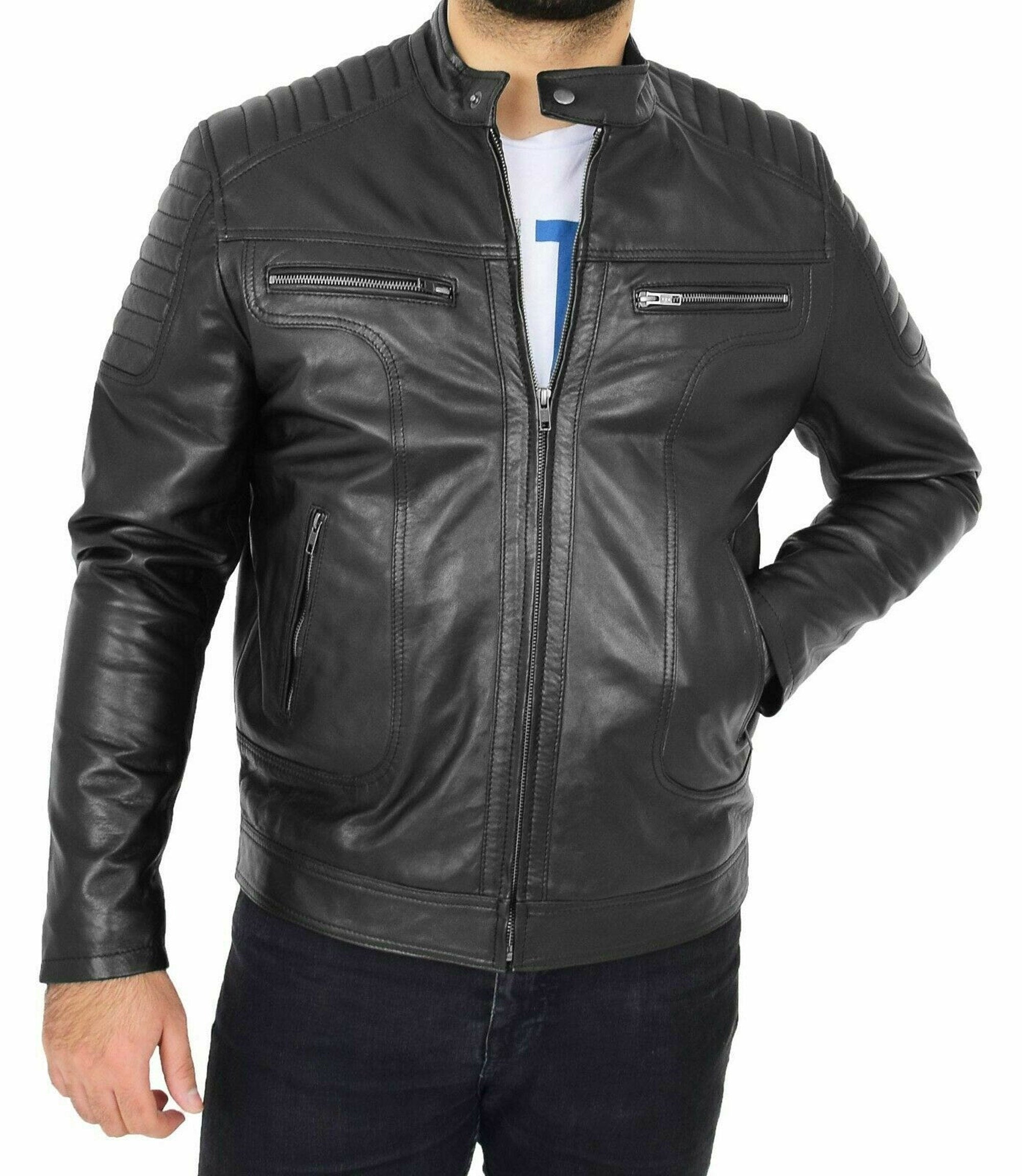 Mens Black Biker Leather Jacket