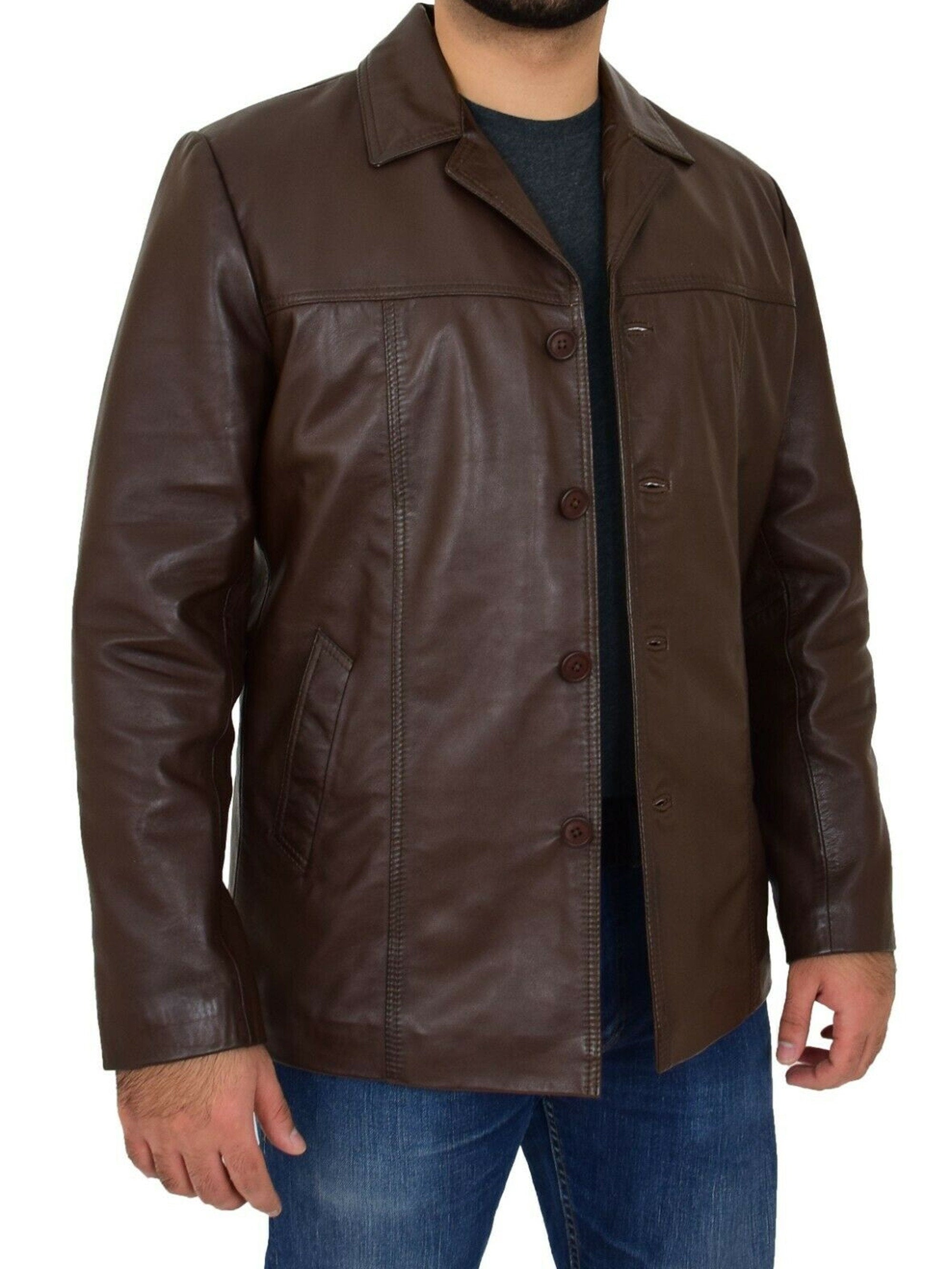 Brown Leather Long Coat for Men