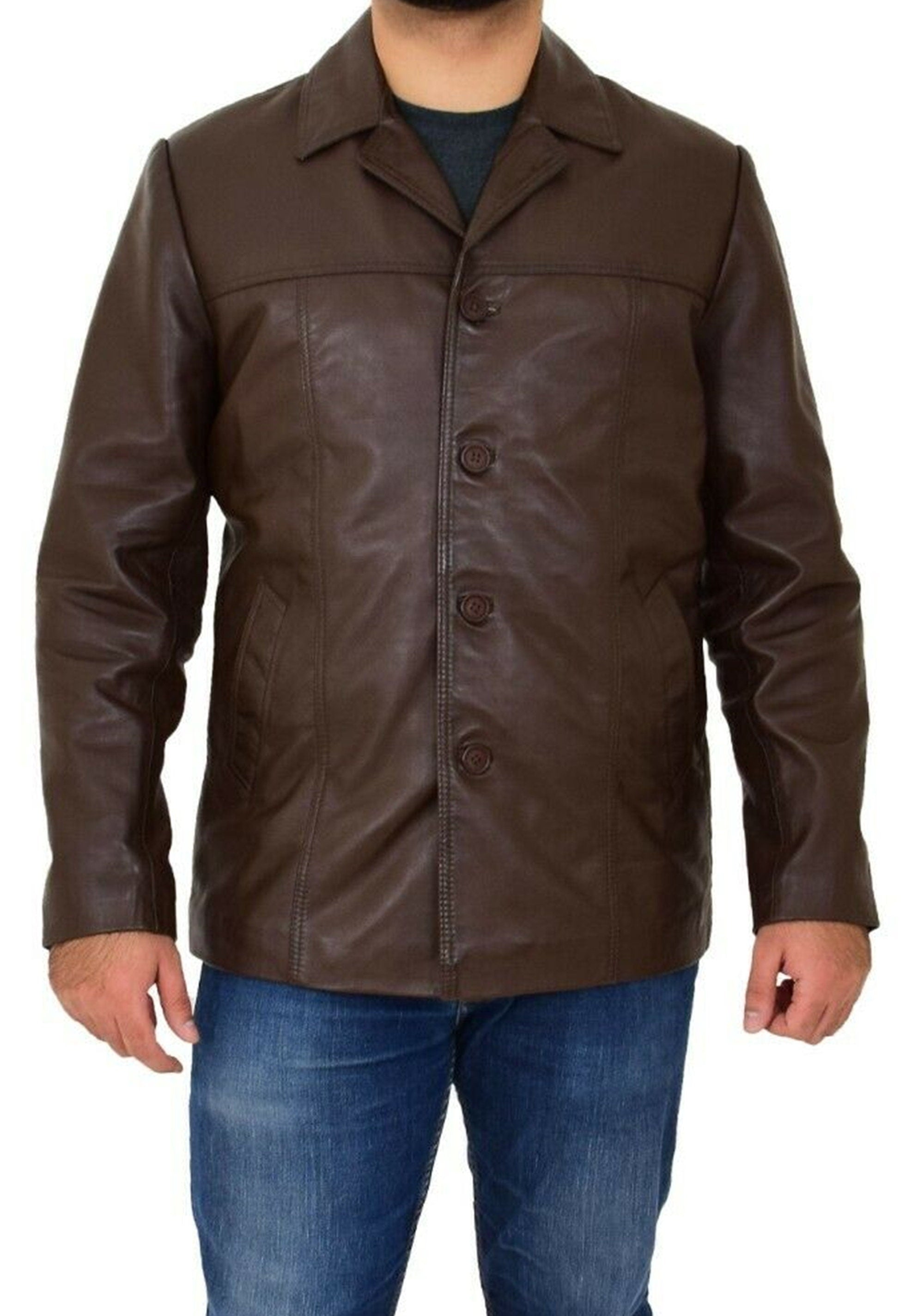 Brown Leather Long Coat for Men