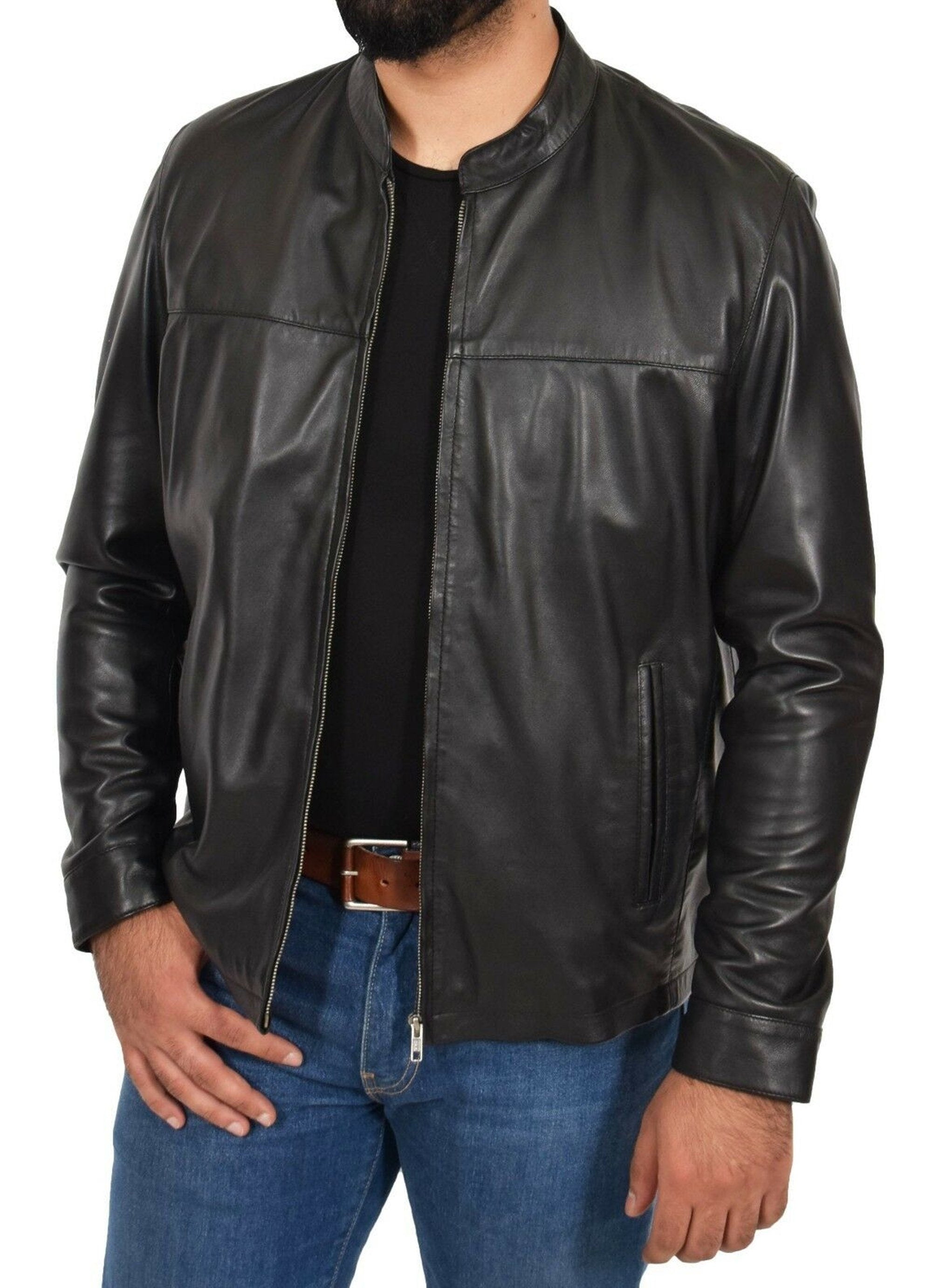 Mens Leather Jacket Band Collar With Zipper Closure