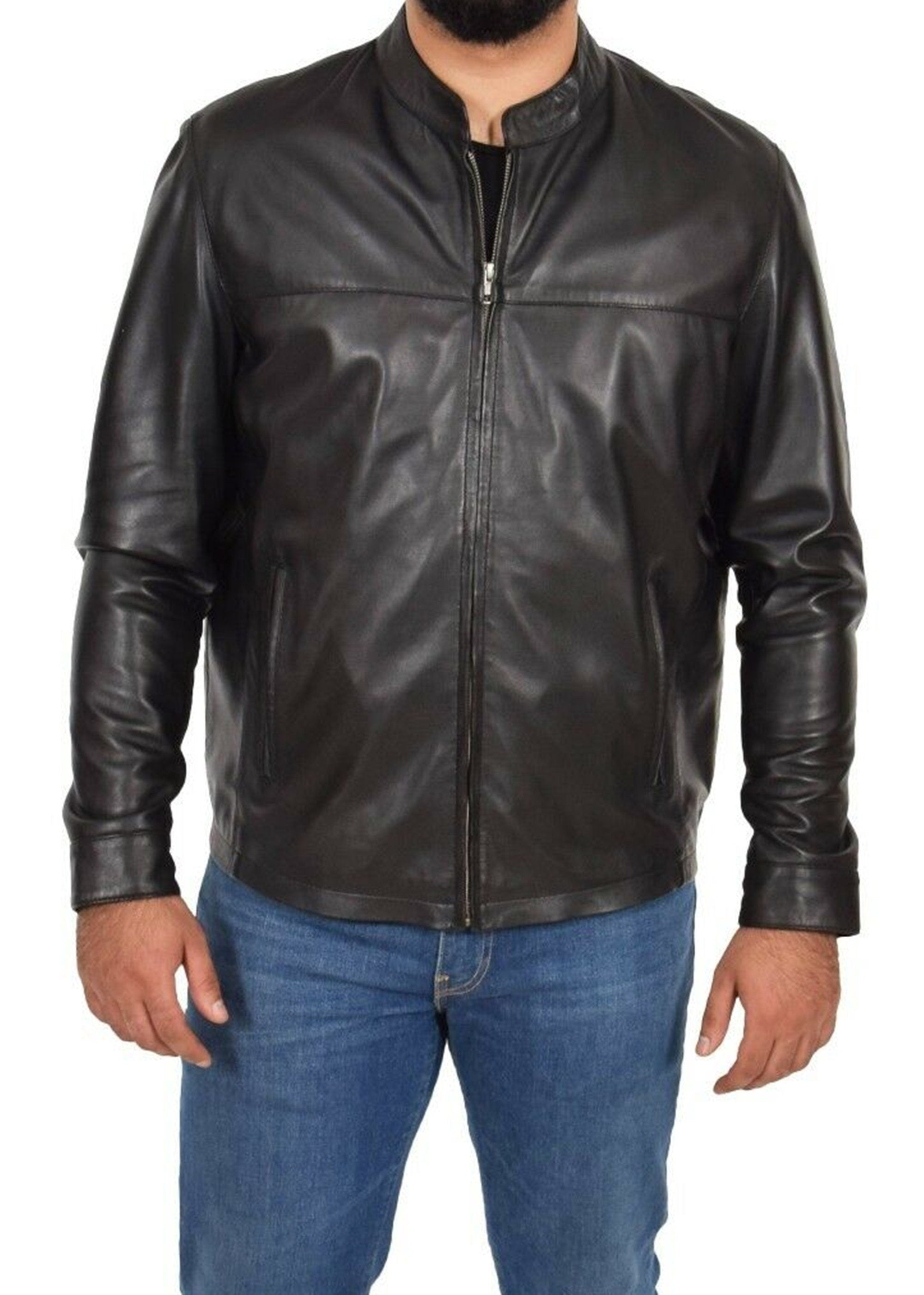 Mens Leather Jacket Band Collar With Zipper Closure