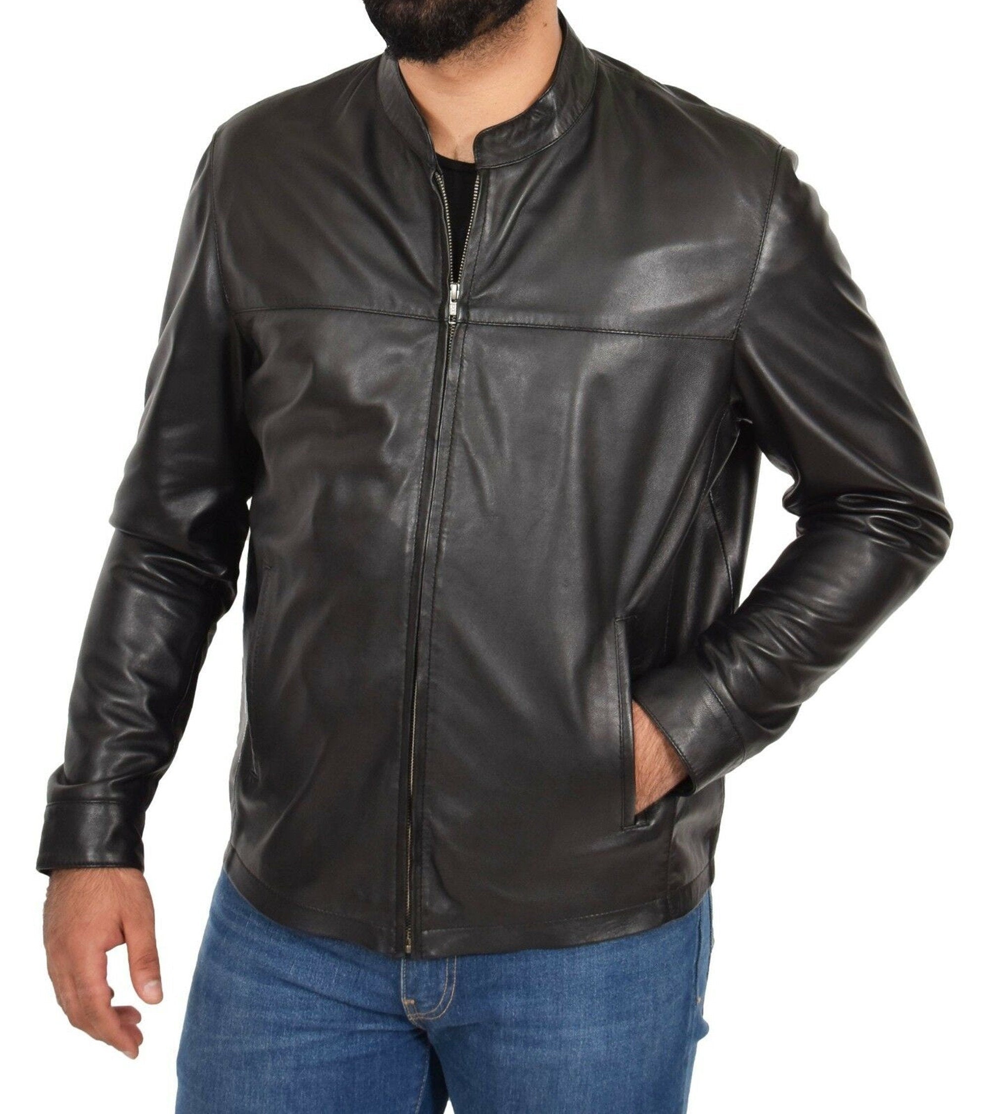 Mens Leather Jacket Band Collar With Zipper Closure