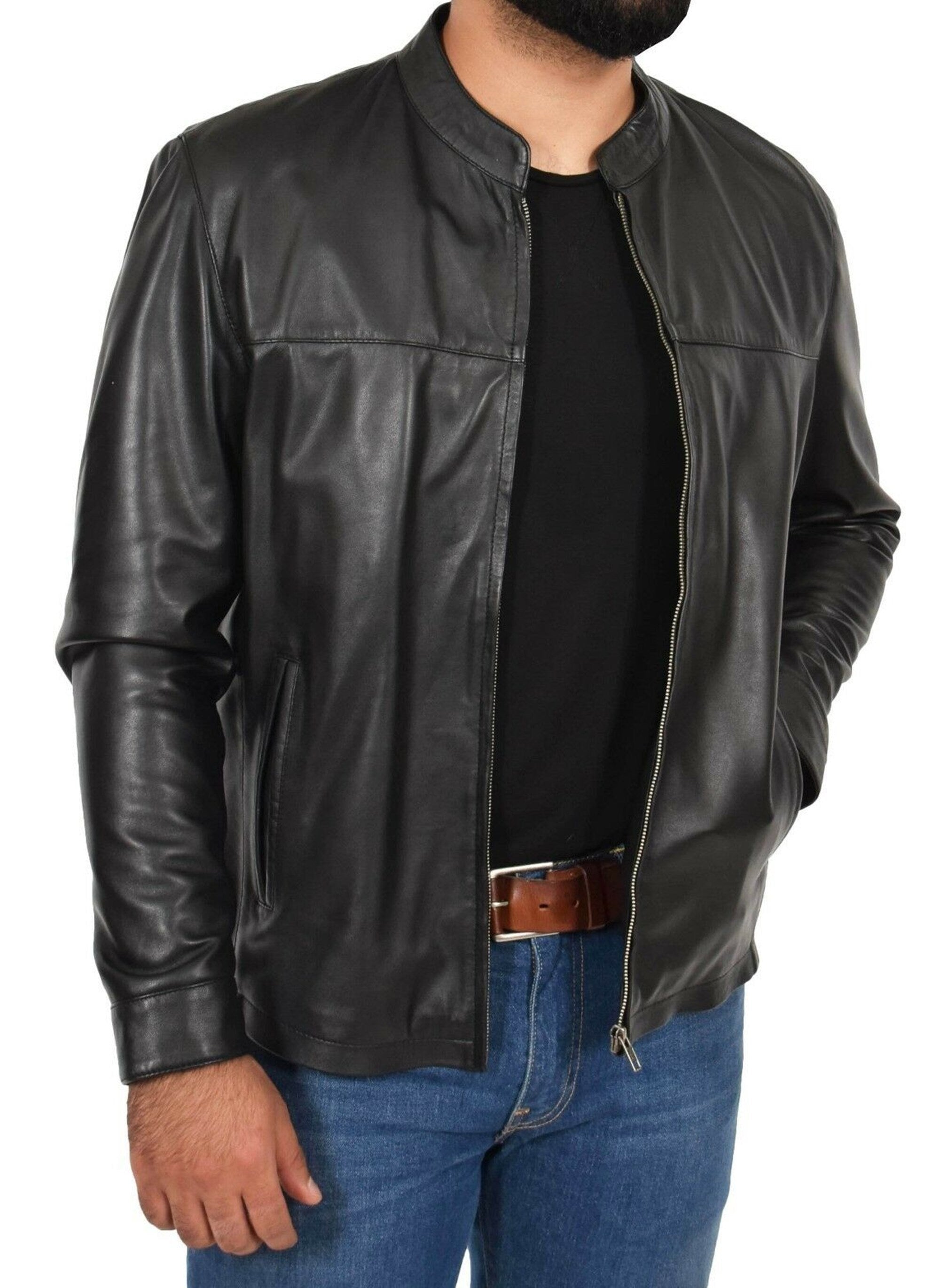 Mens Leather Jacket Band Collar With Zipper Closure