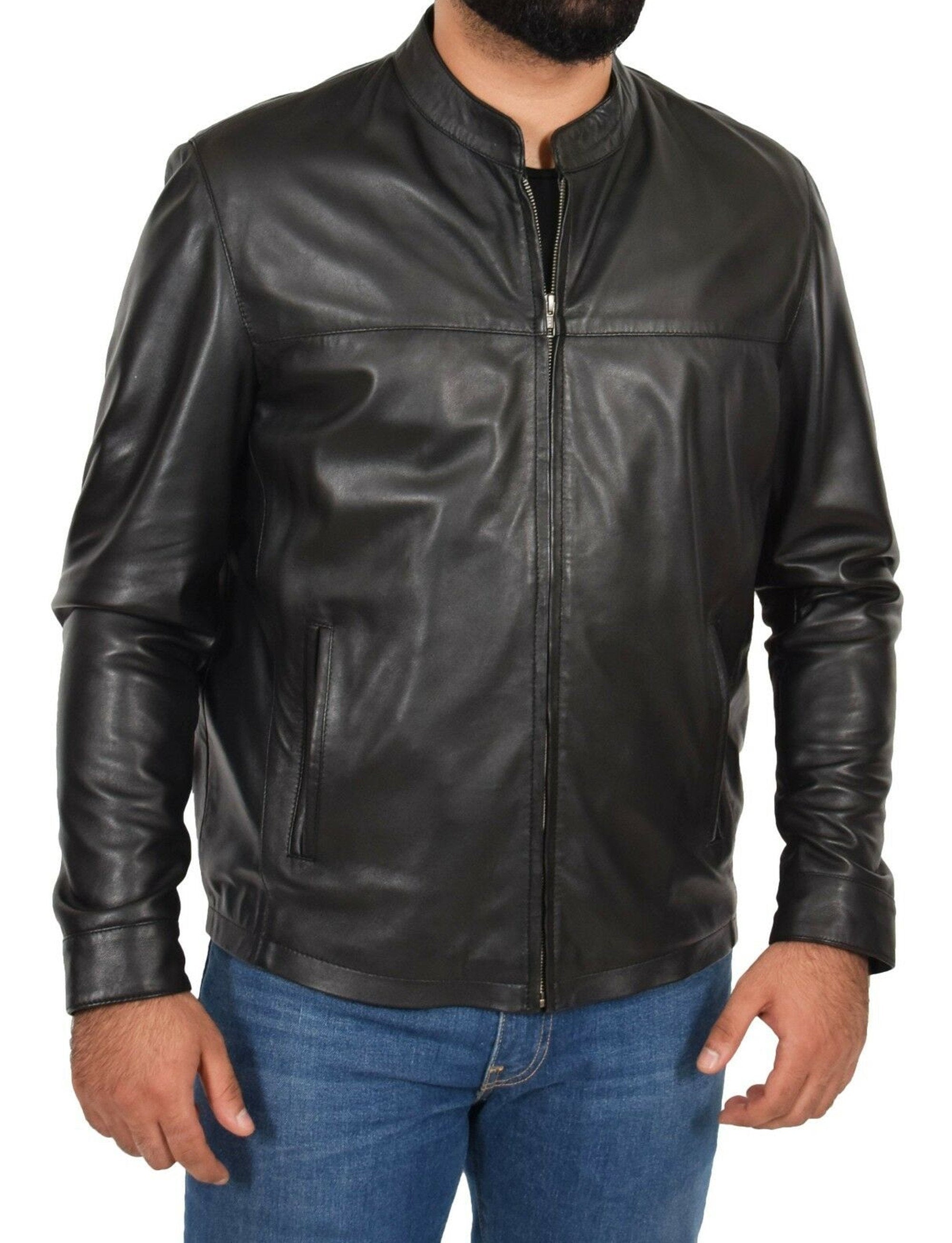 Mens Leather Jacket Band Collar With Zipper Closure