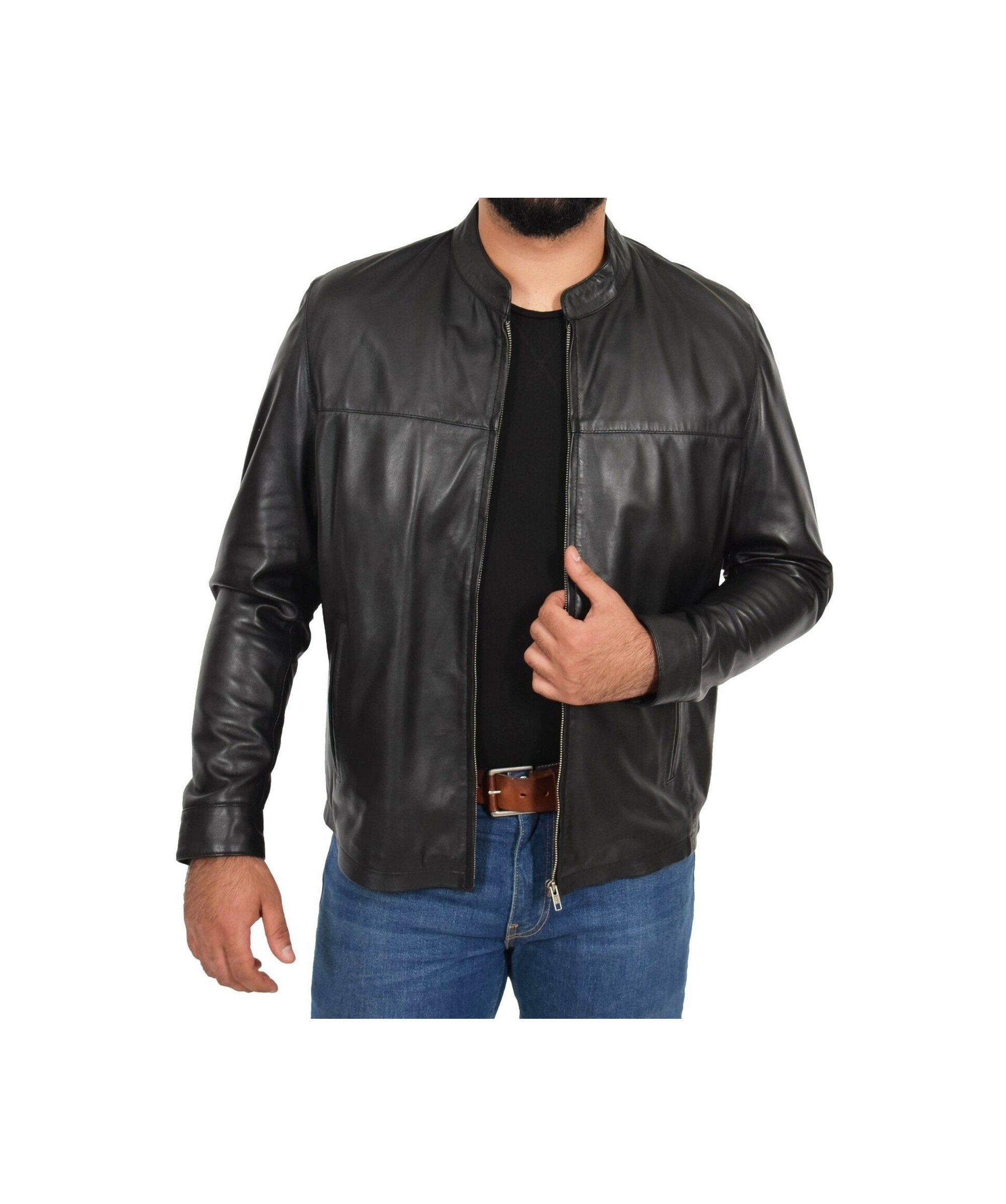 Mens Leather Jacket Band Collar With Zipper Closure