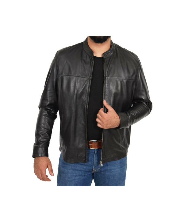 Mens Leather Jacket Band Collar With Zipper Closure