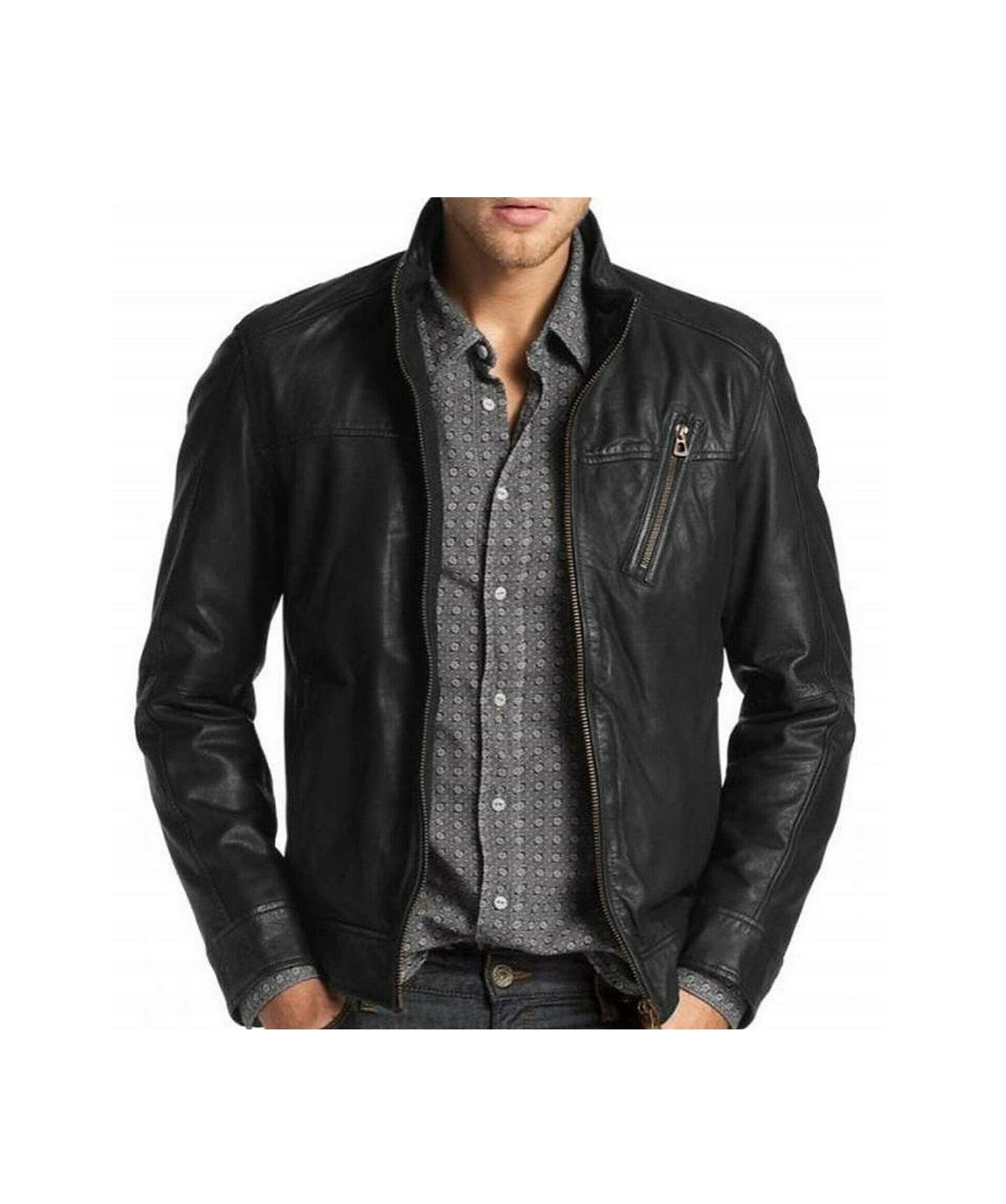 Mens Genuine Black Biker Leather Jacket