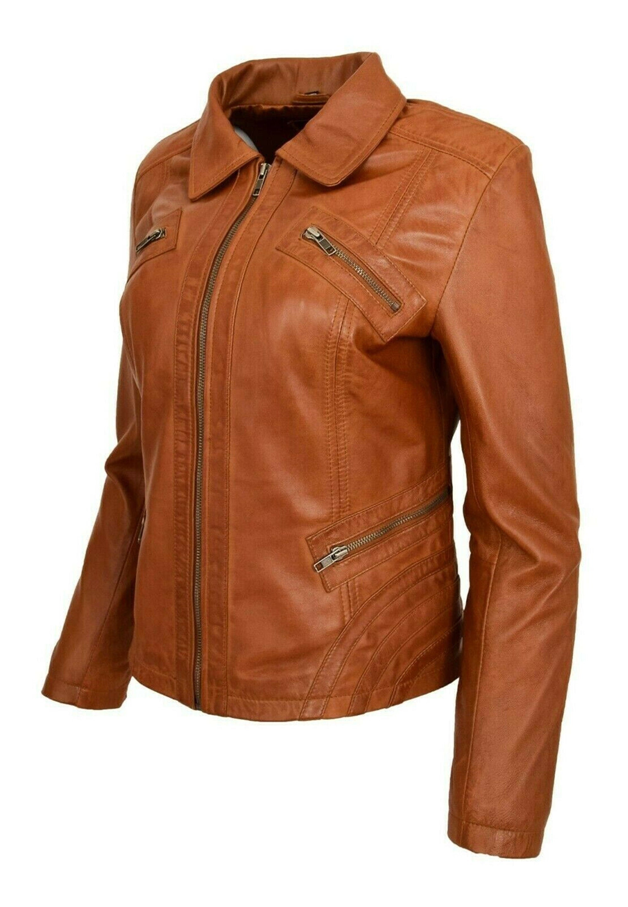 Women Tan Distressed Leather Jacket