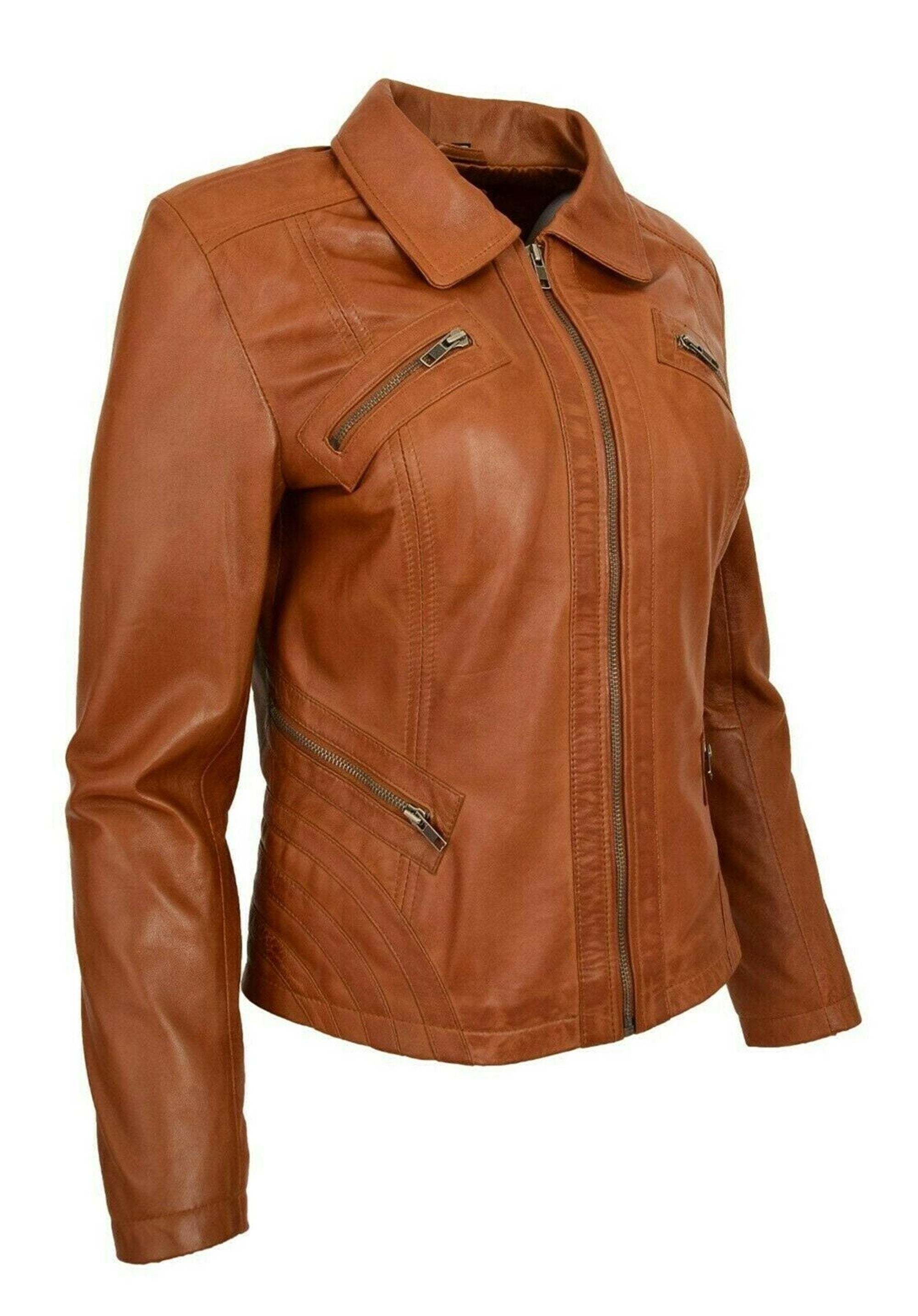 Women Tan Distressed Leather Jacket