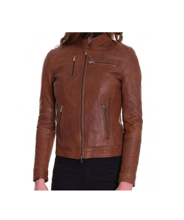 Women Tan Brown Real Leather Jacket