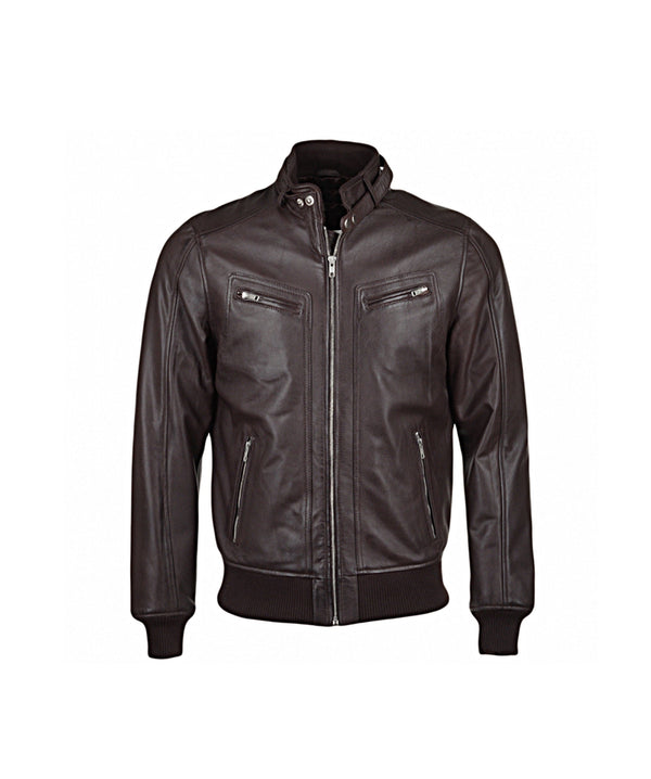 Men's Brown Genuine Leather Bomber Rib Jacket