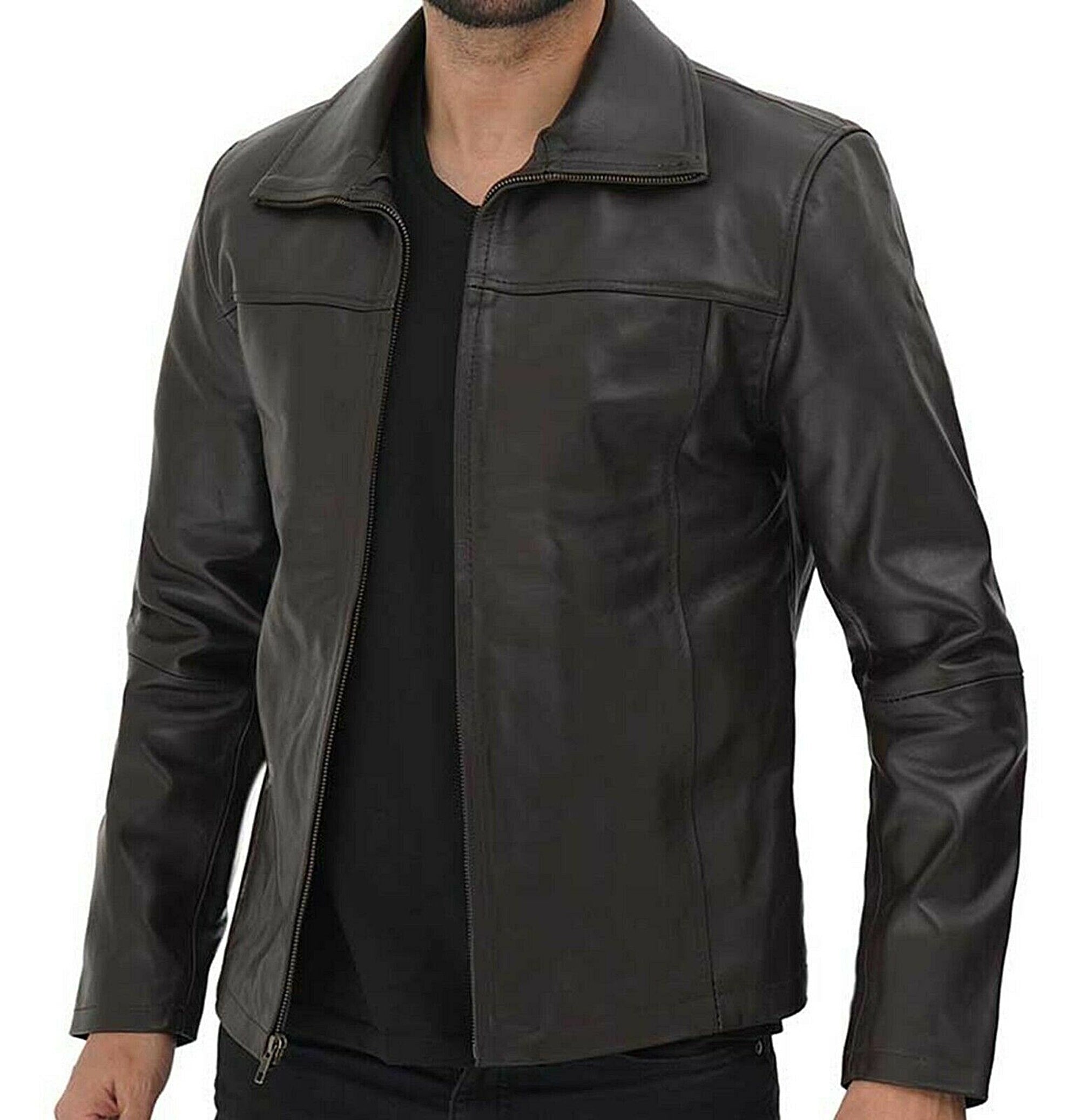 Black Polyester Lining Leather Jacket For Men