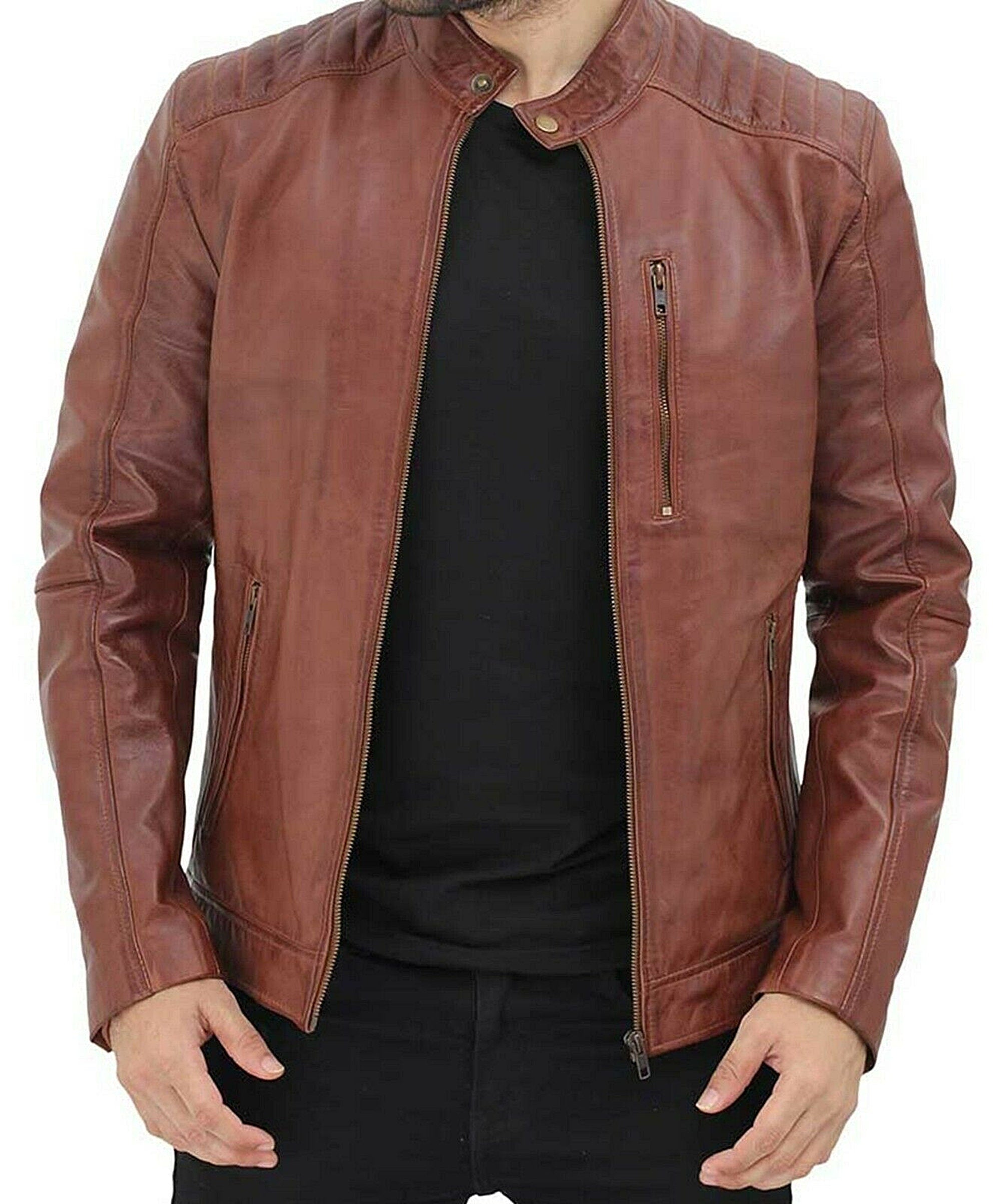 Mens Real Wax Brown Leather Jacket