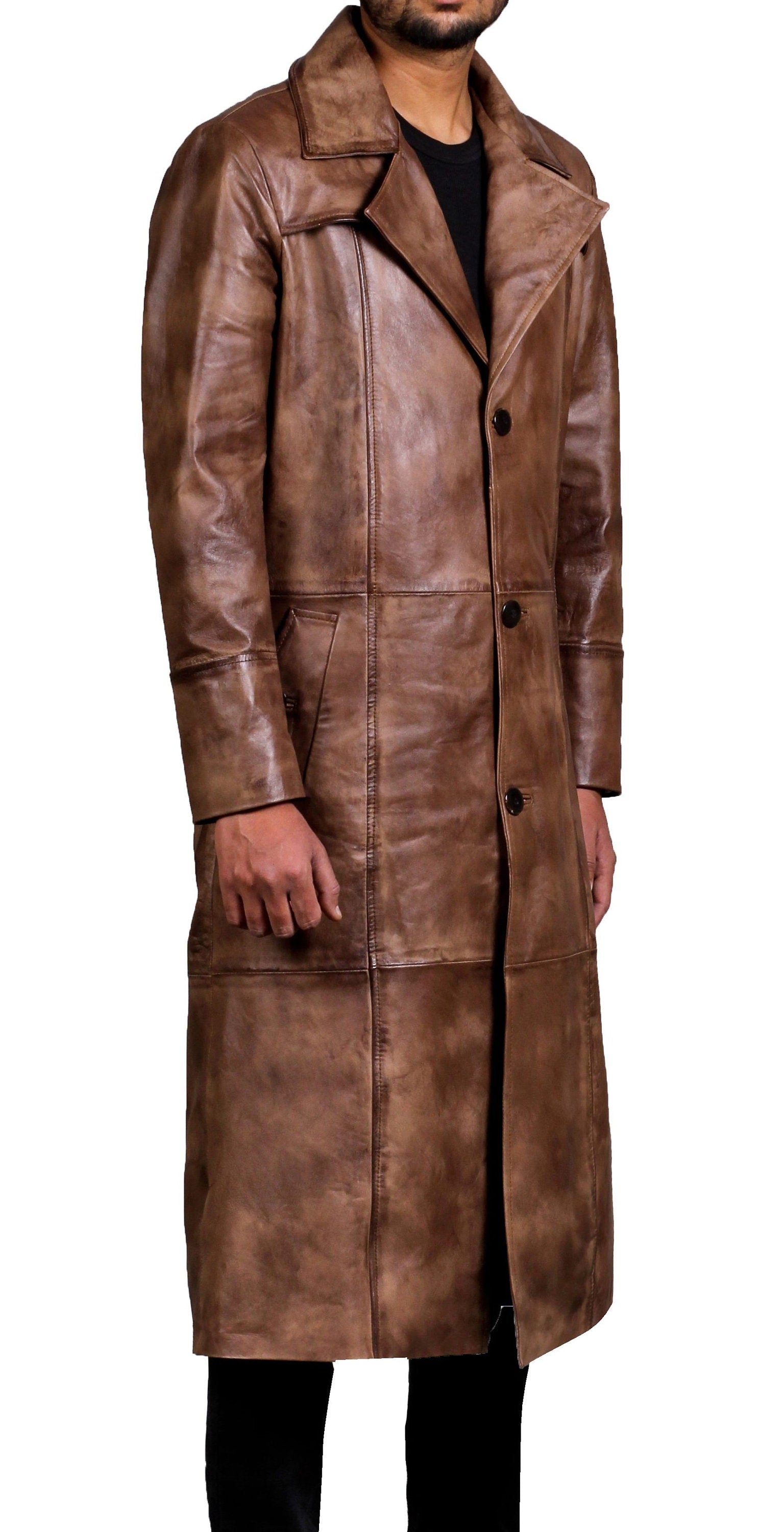 Men Leather Wax Trench Coat