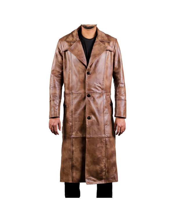 Men Leather Wax Trench Coat