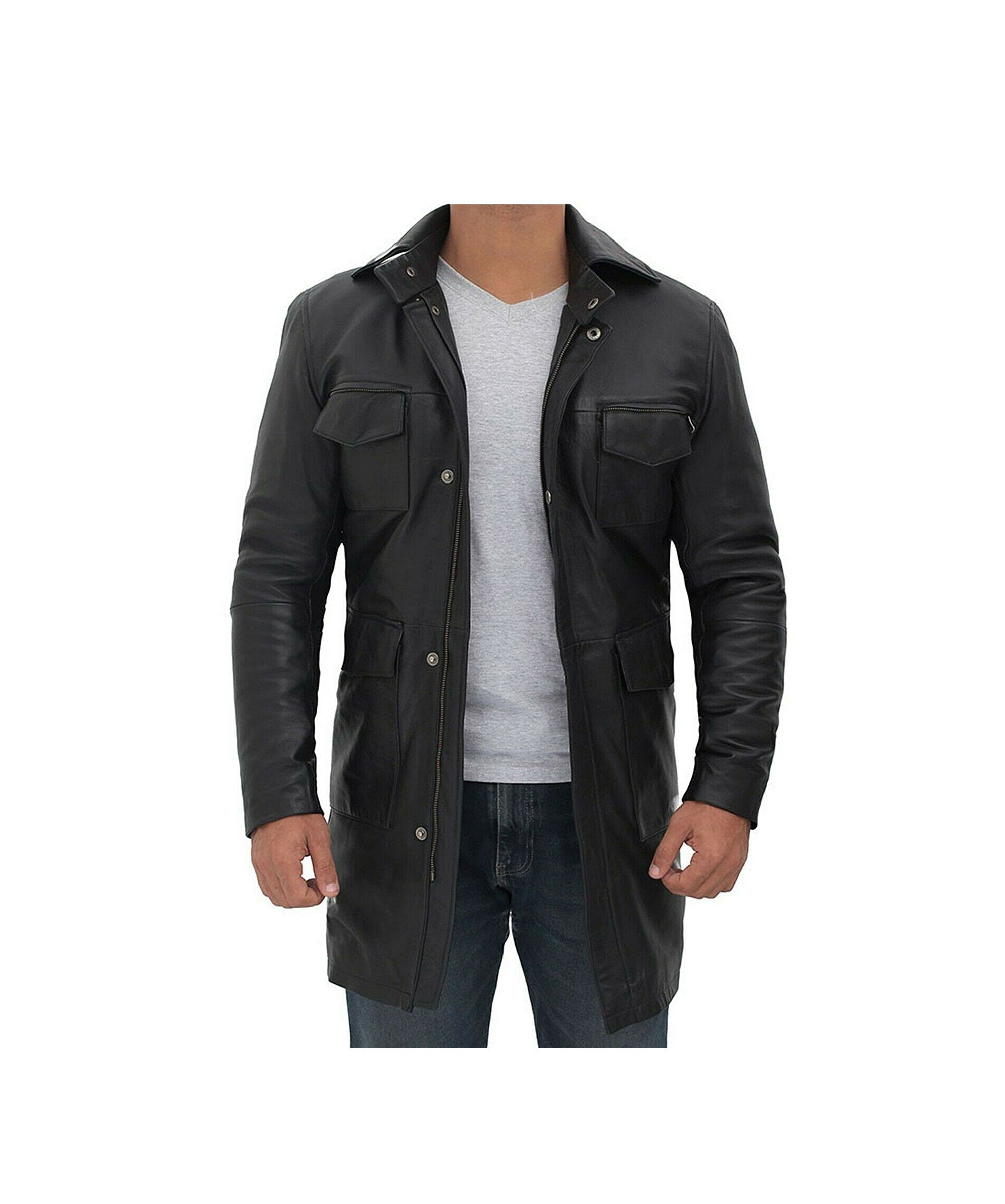 Men's Three Quarter Black Leather Coat